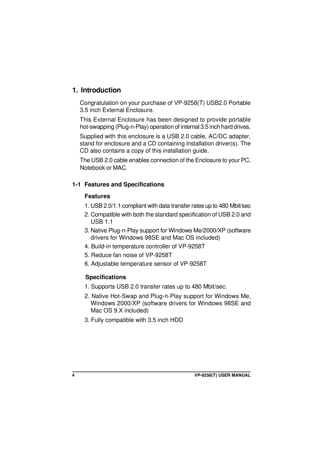 VIPowER VP-9258(T) user manual Introduction, Features and Specifications 