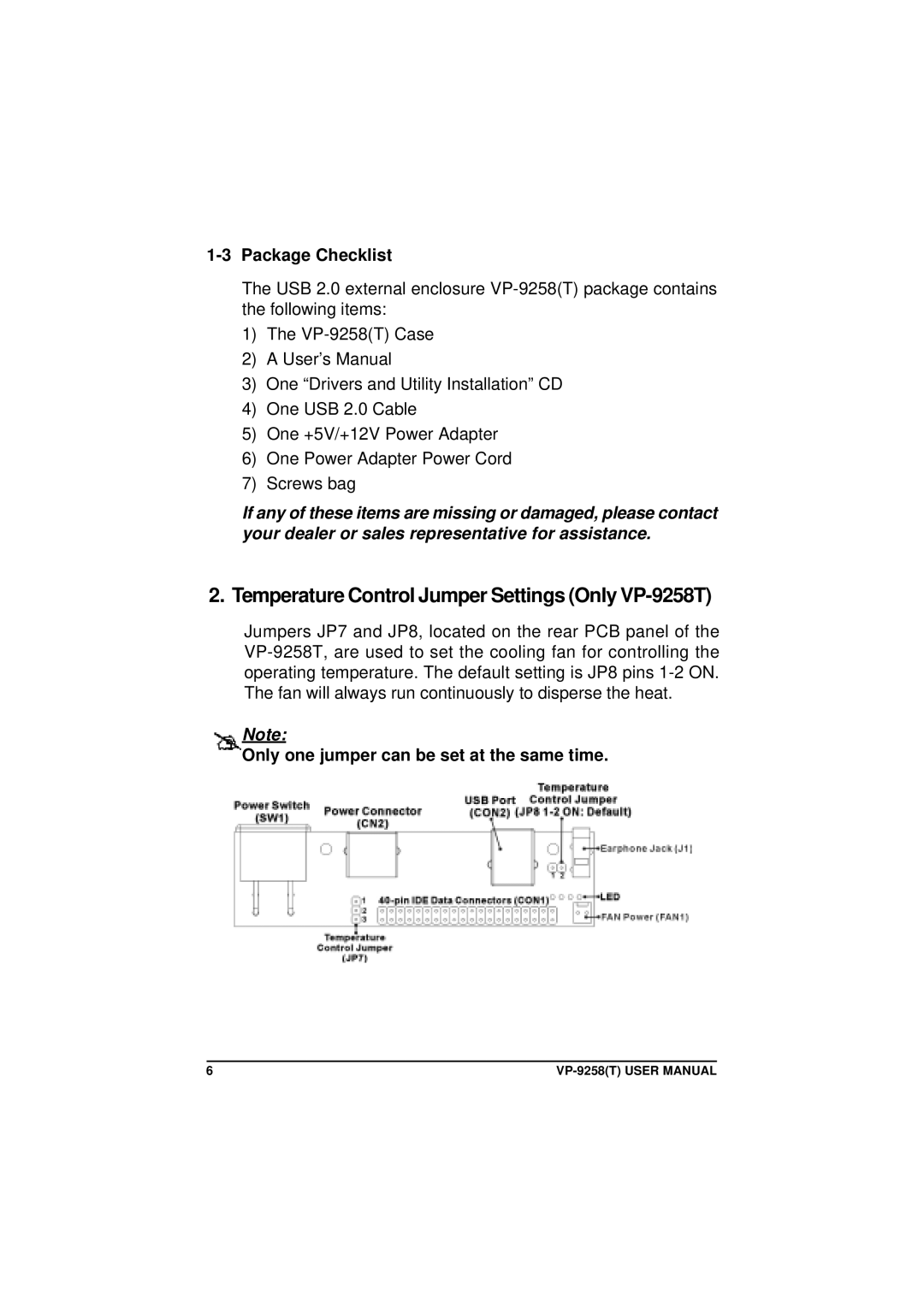 VIPowER VP-9258(T) user manual Temperature Control Jumper Settings Only VP-9258T, Package Checklist 