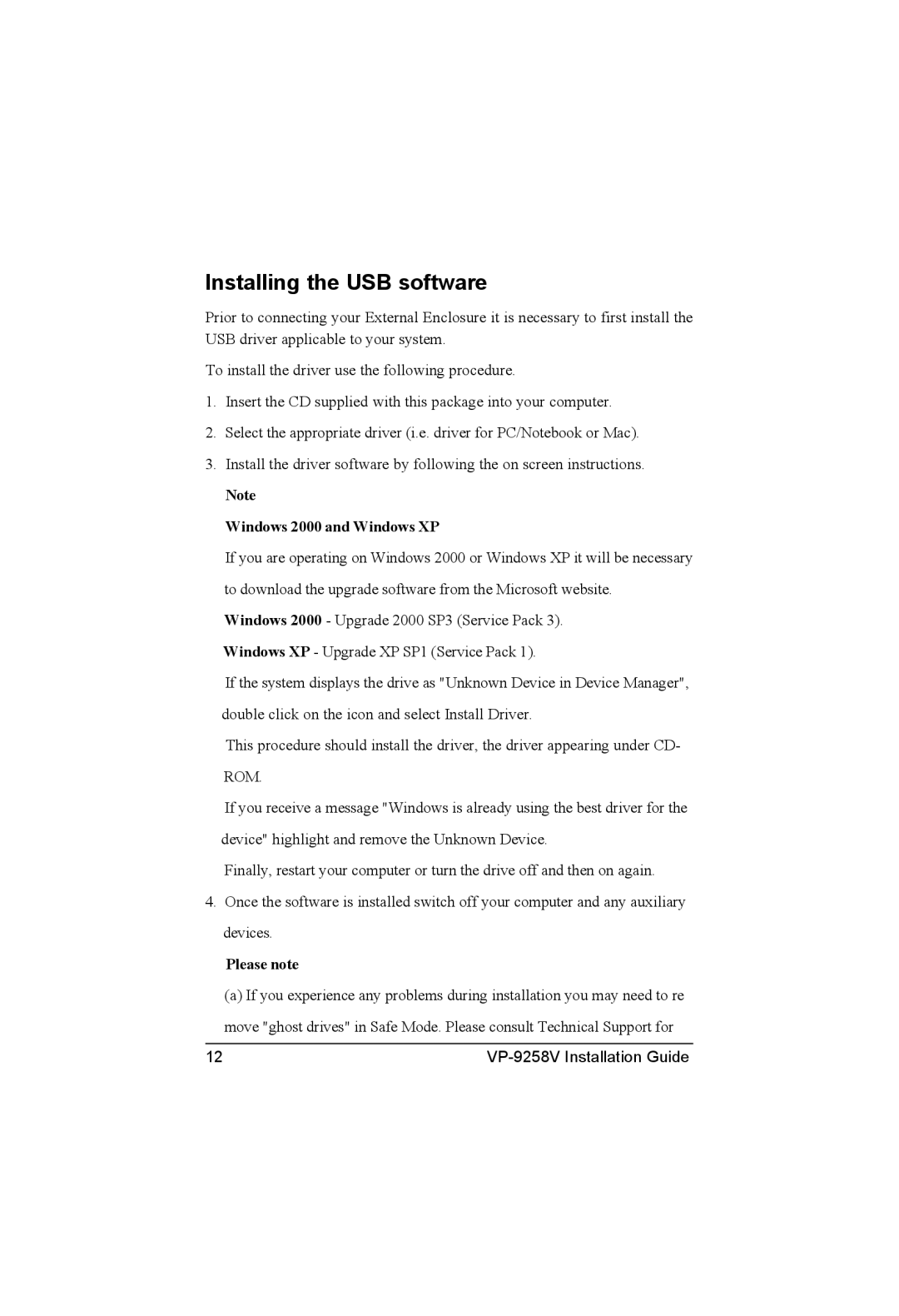 VIPowER VP-9258V manual Installing the USB software, Windows 2000 and Windows XP, Please note 