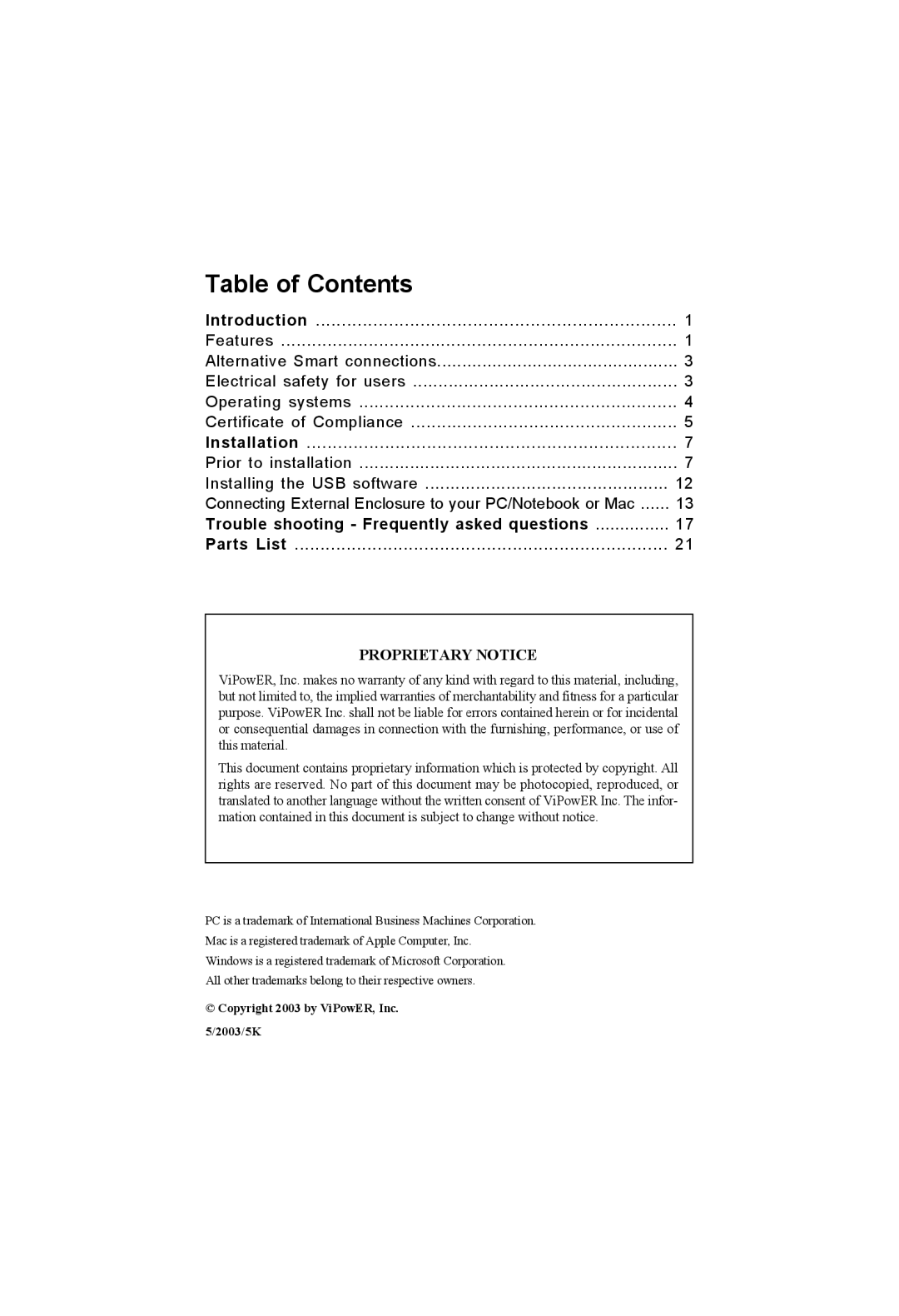 VIPowER VP-9258V manual Table of Contents 