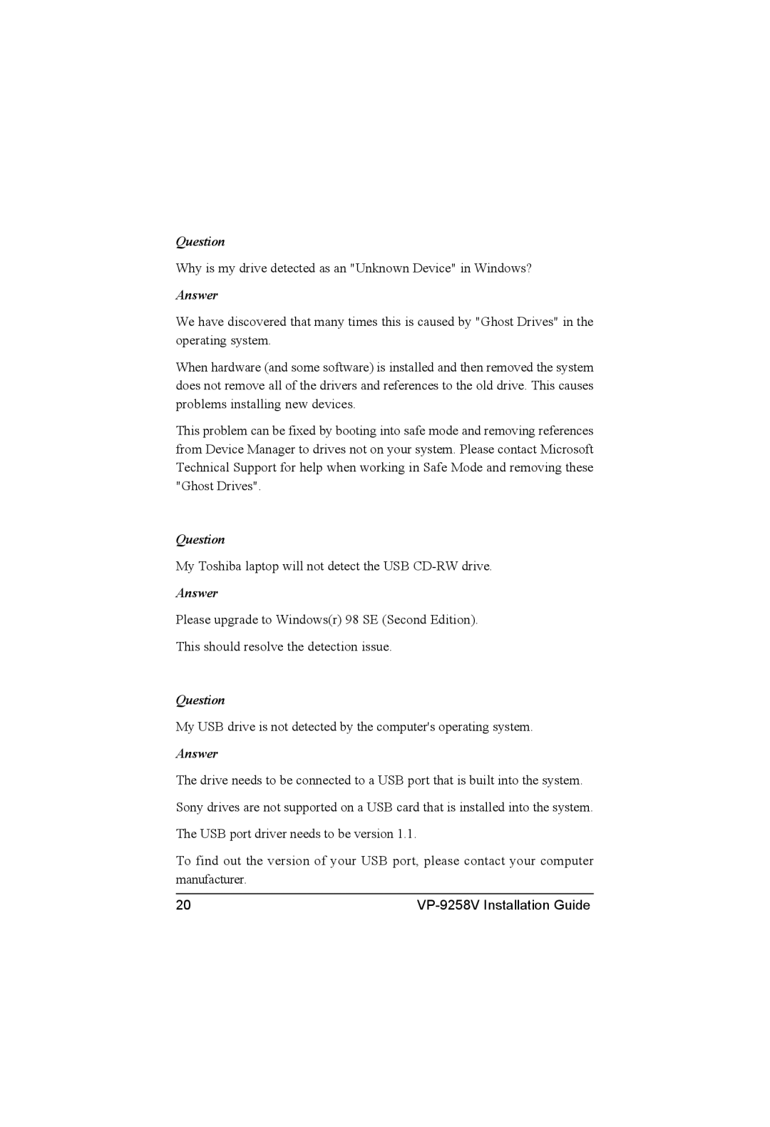 VIPowER VP-9258V manual Why is my drive detected as an Unknown Device in Windows? 