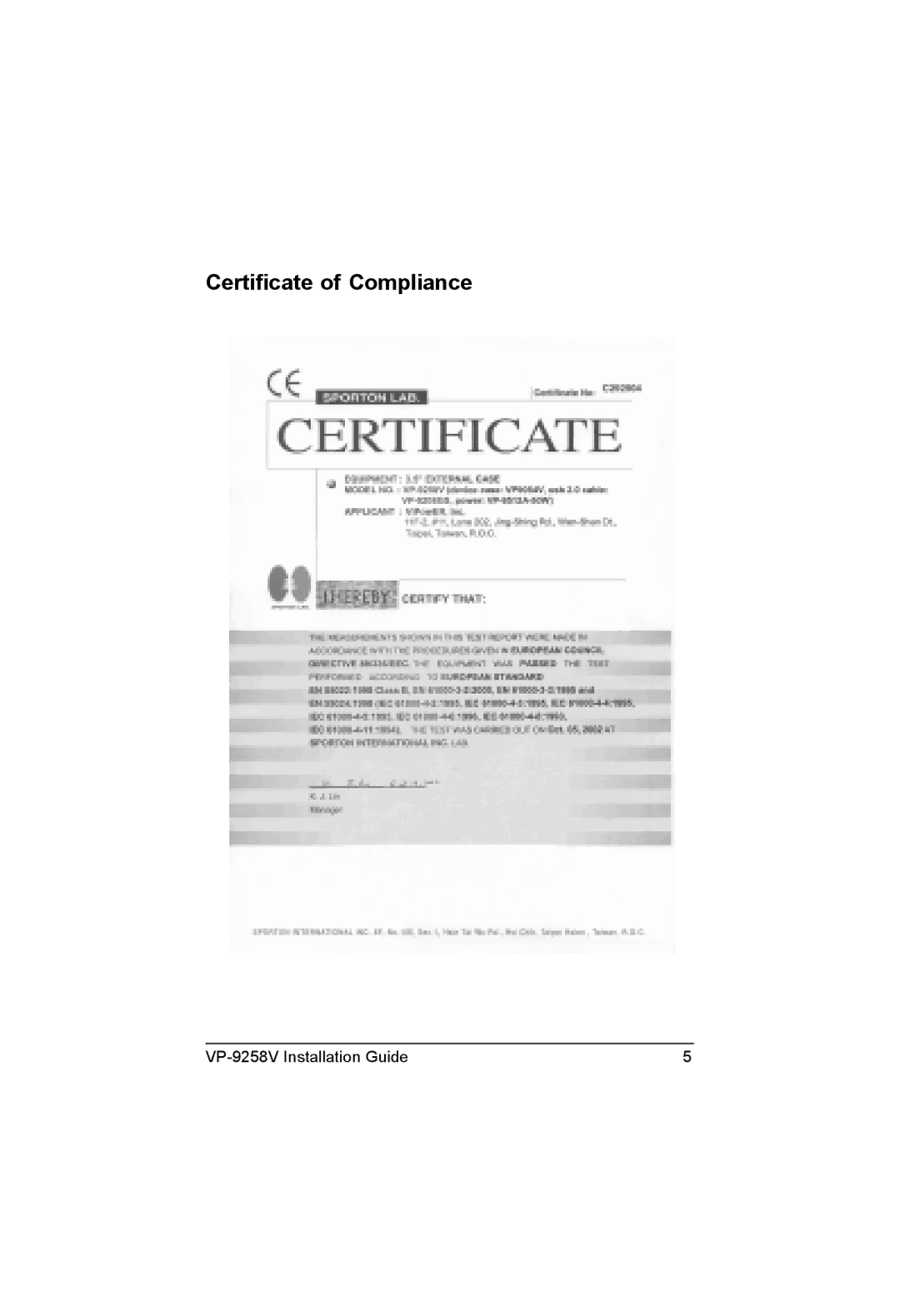 VIPowER VP-9258V manual Certificate of Compliance 