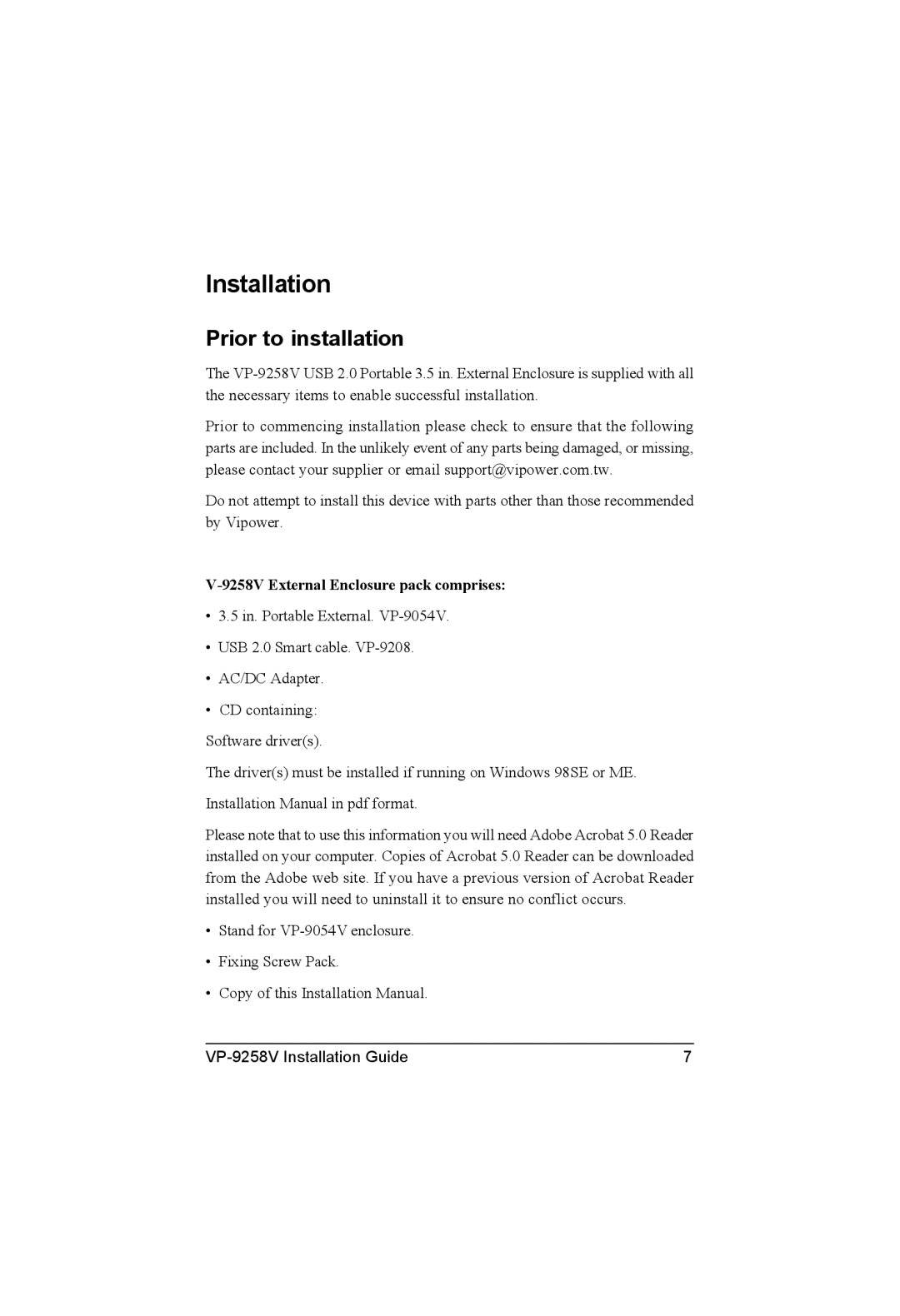 VIPowER VP-9258V manual Prior to installation, 9258V External Enclosure pack comprises 