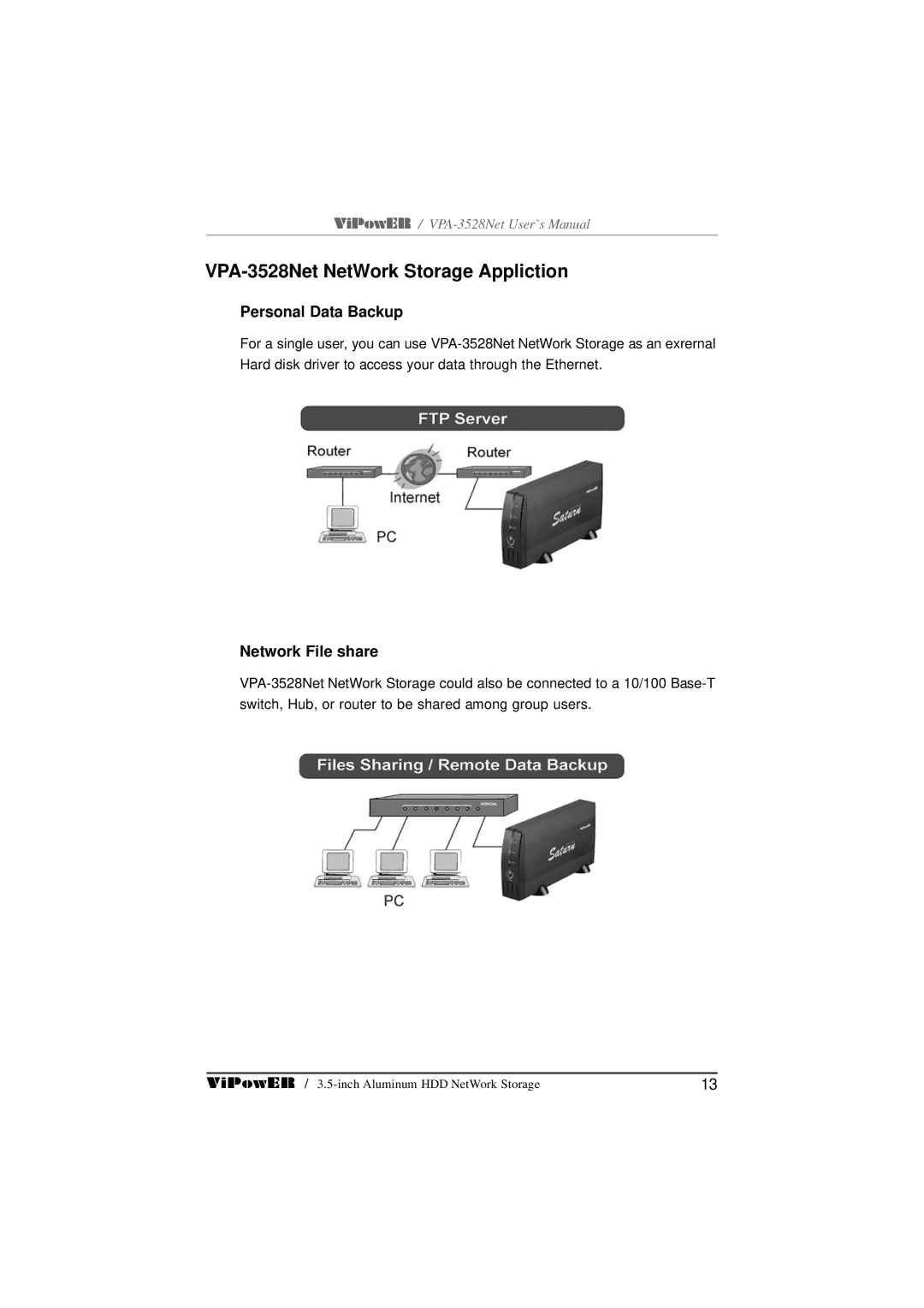 VIPowER user manual VPA-3528Net NetWork Storage Appliction, Personal Data Backup, Network File share 