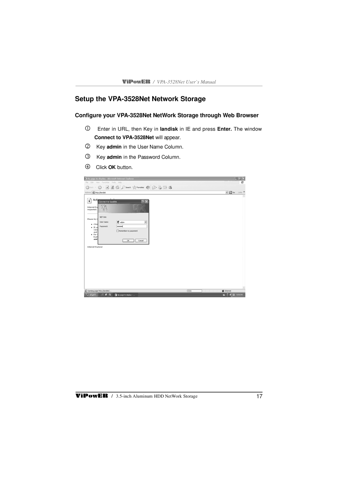 VIPowER user manual Setup the VPA-3528Net Network Storage 