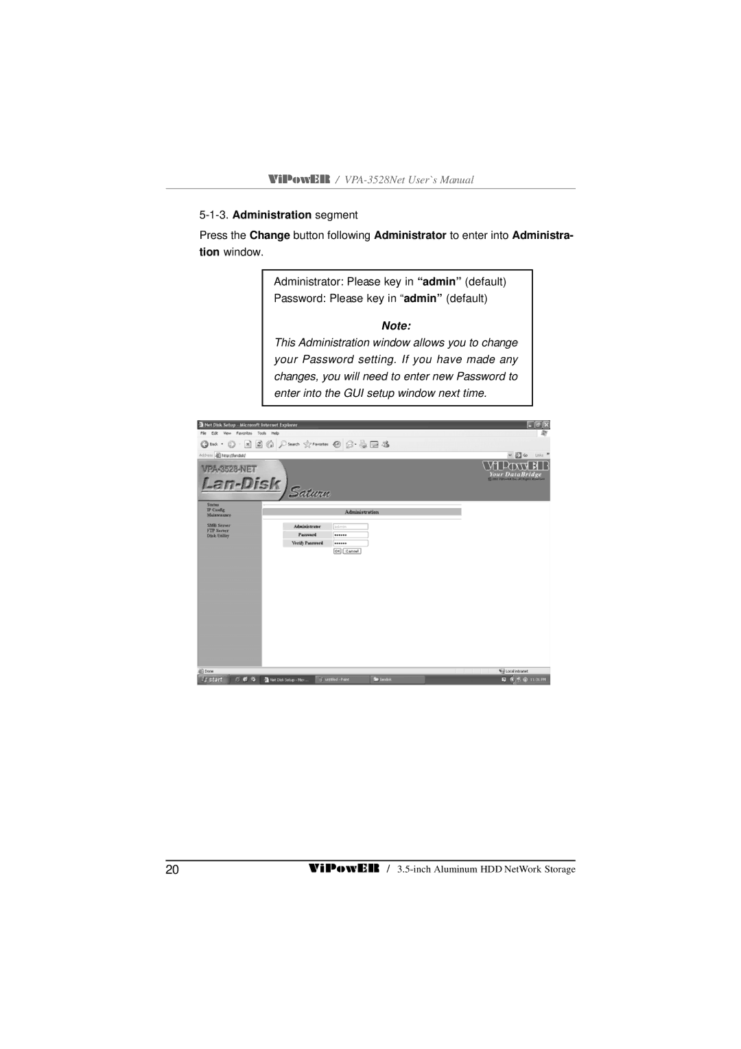 VIPowER VPA-3528Net user manual Administration segment 