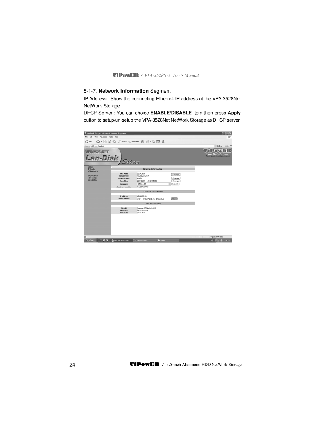 VIPowER VPA-3528Net user manual Network Information Segment 