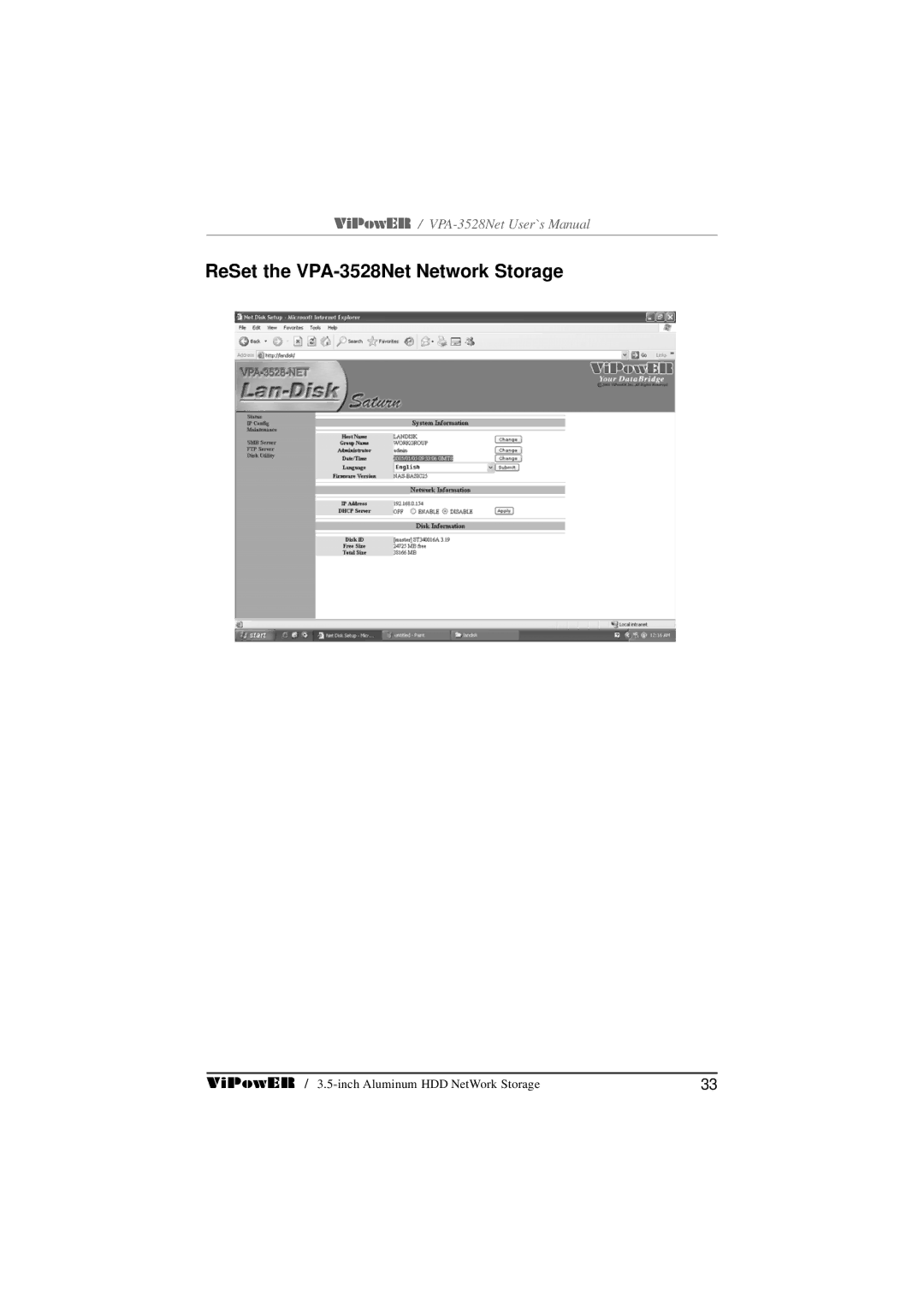 VIPowER user manual ReSet the VPA-3528Net Network Storage 