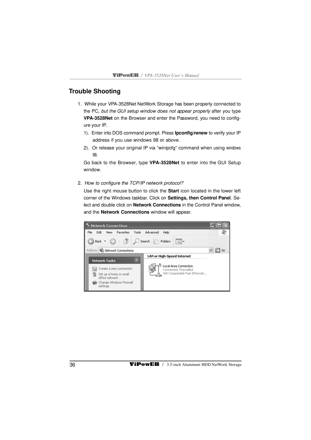 VIPowER VPA-3528Net user manual Trouble Shooting, How to configure the TCP/IP network protocol? 