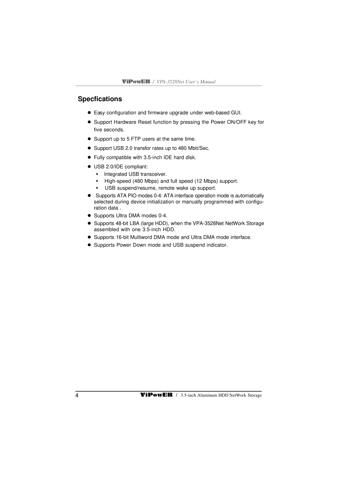 VIPowER VPA-3528Net user manual Specfications 