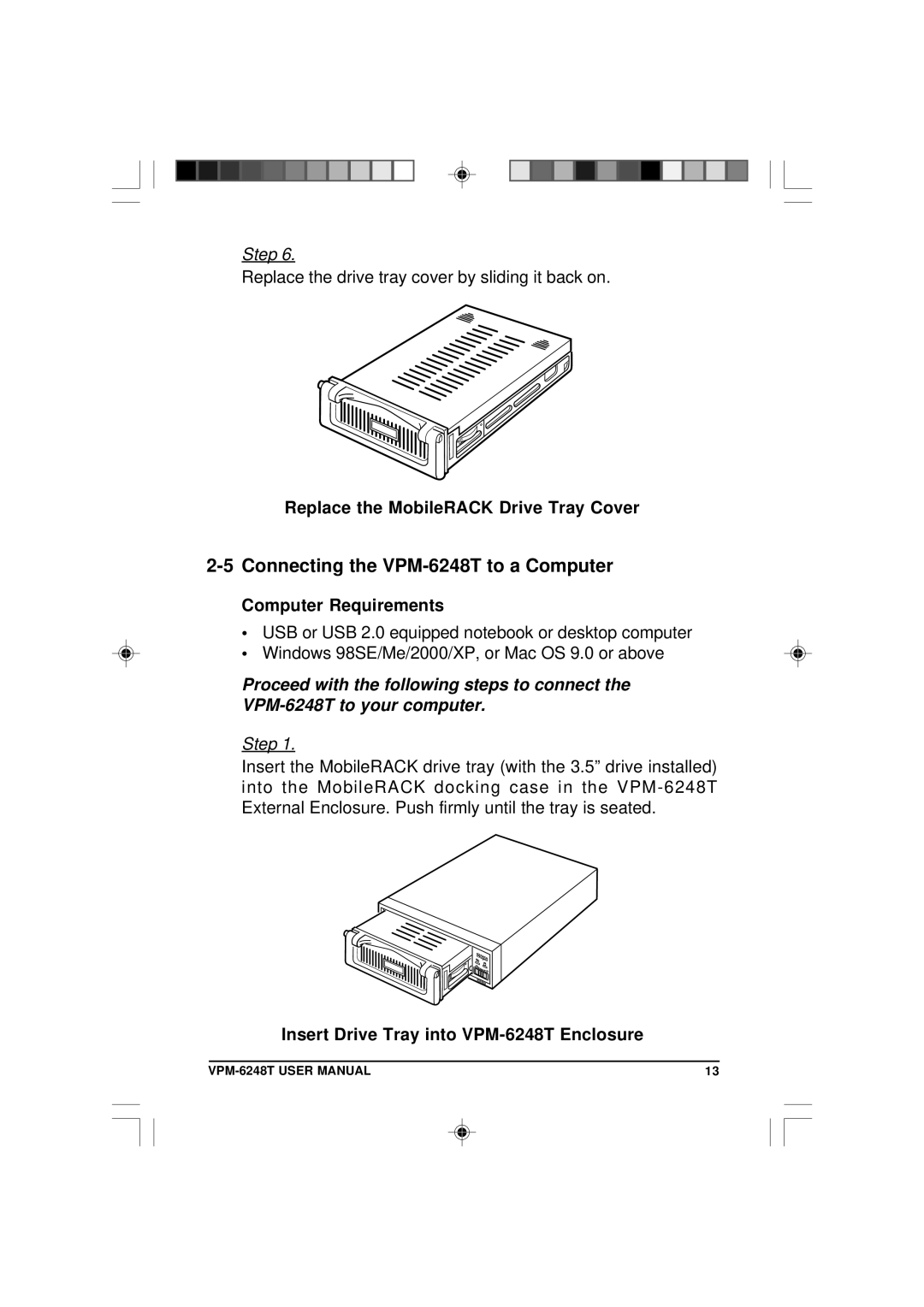 VIPowER Connecting the VPM-6248T to a Computer, Replace the MobileRACK Drive Tray Cover, Computer Requirements 