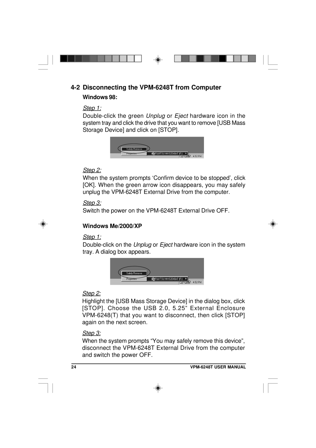 VIPowER user manual Disconnecting the VPM-6248T from Computer, Windows Me/2000/XP 