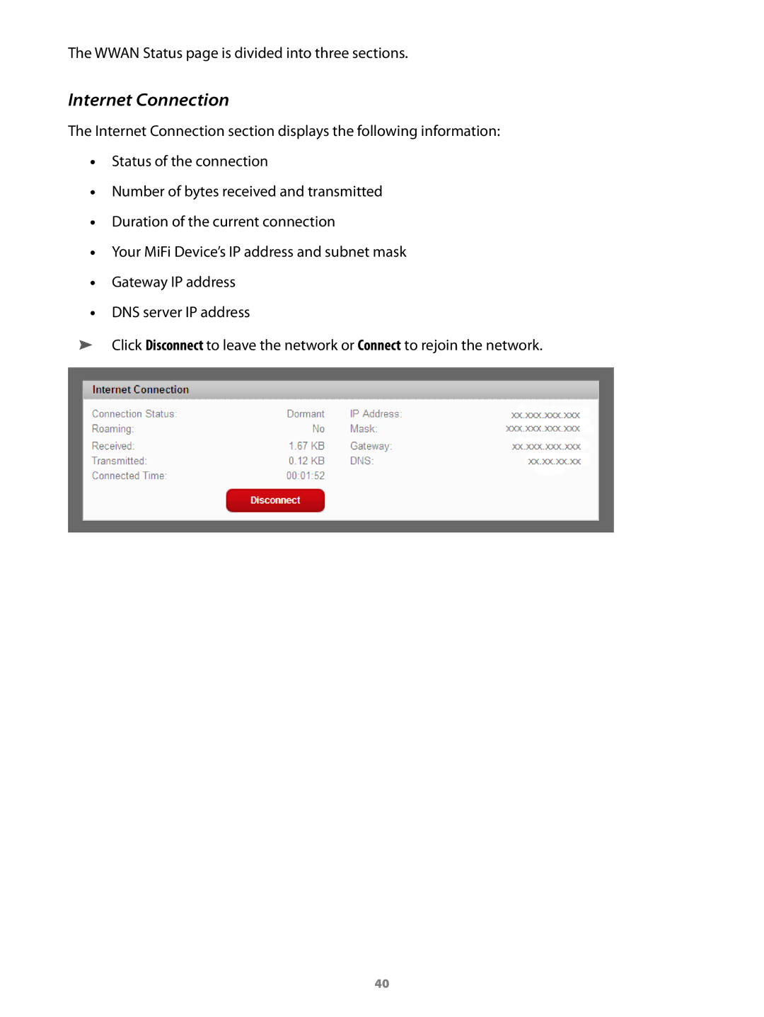 Virgin Mobile 2200 manual Wwan Status page is divided into three sections 