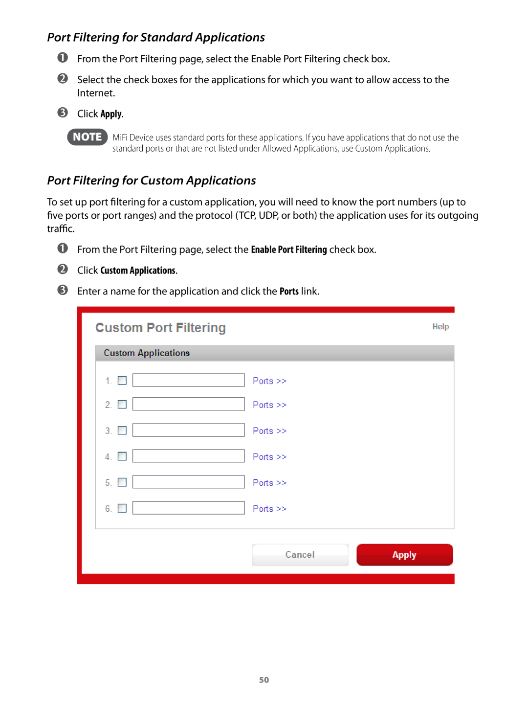 Virgin Mobile 2200 manual Port Filtering for Standard Applications, Port Filtering for Custom Applications 