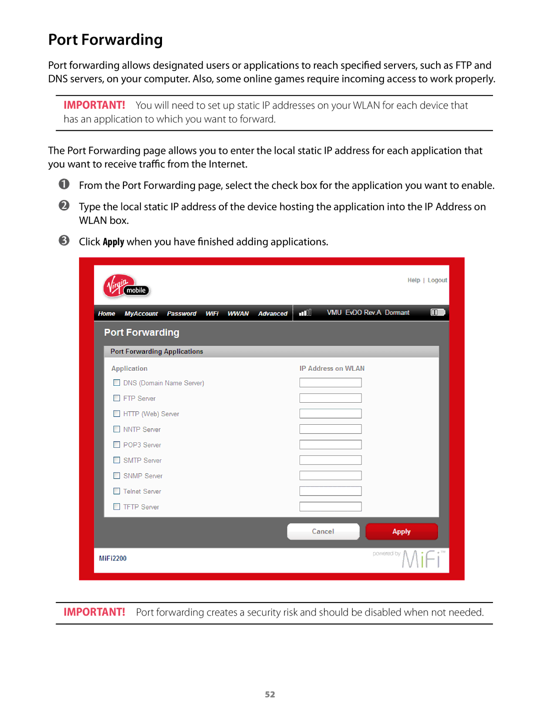 Virgin Mobile 2200 manual Port Forwarding 