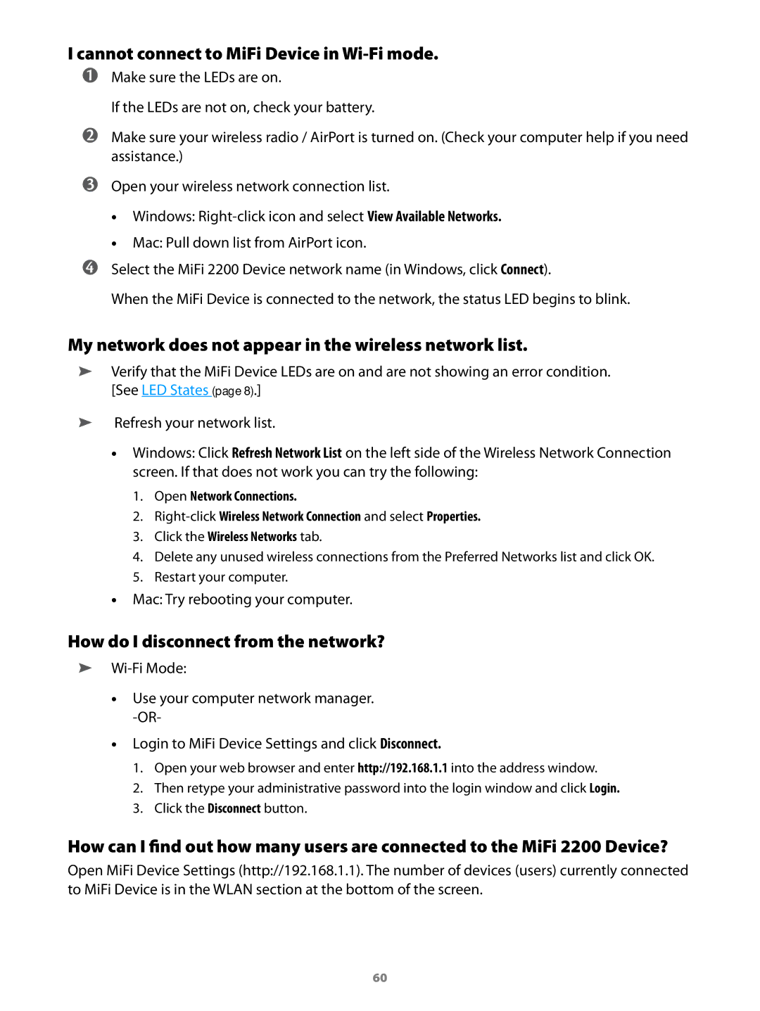 Virgin Mobile 2200 manual Cannot connect to MiFi Device in Wi-Fi mode 