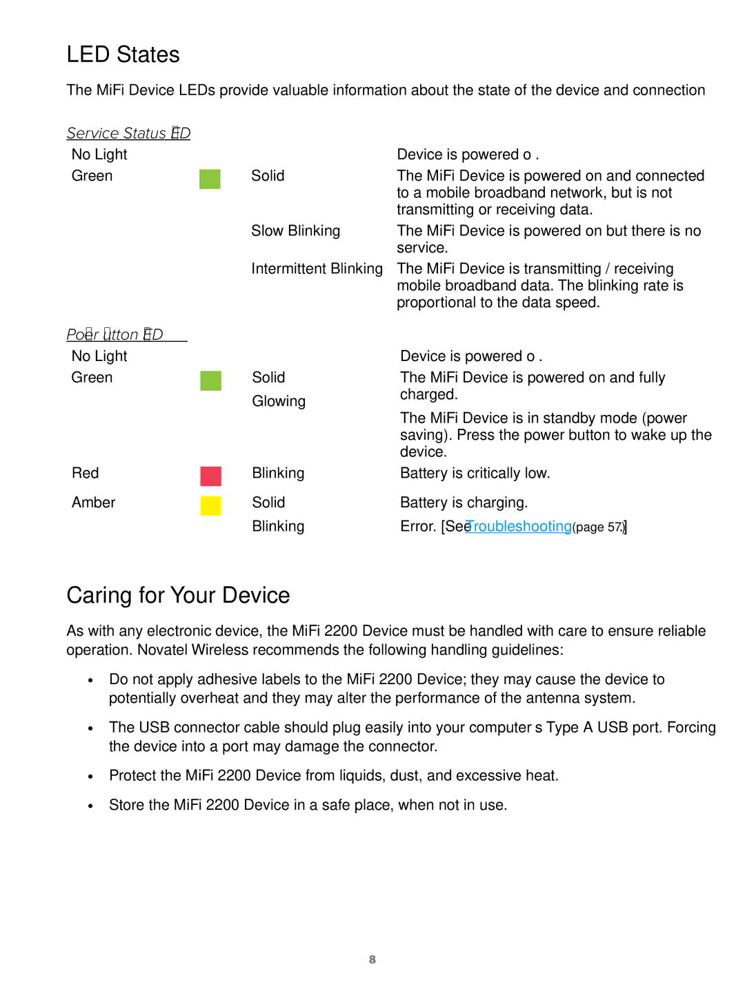 Virgin Mobile 2200 manual LED States, Caring for Your Device 