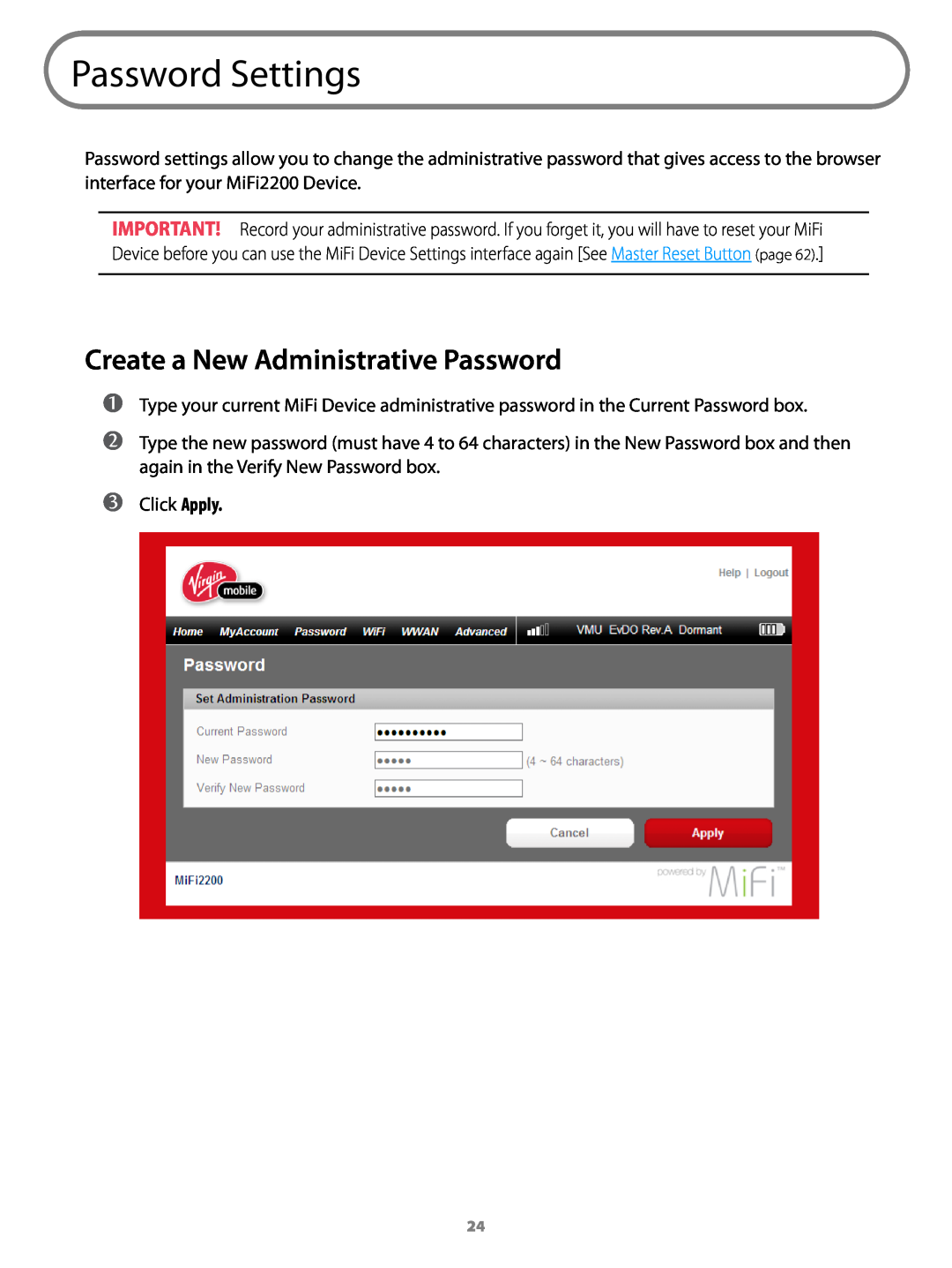 Virgin Mobile 2200 manual Password Settings, Create a New Administrative Password 