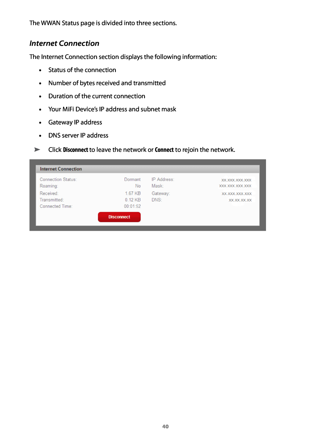 Virgin Mobile 2200 manual Internet Connection, The WWAN Status page is divided into three sections, DNS server IP address 