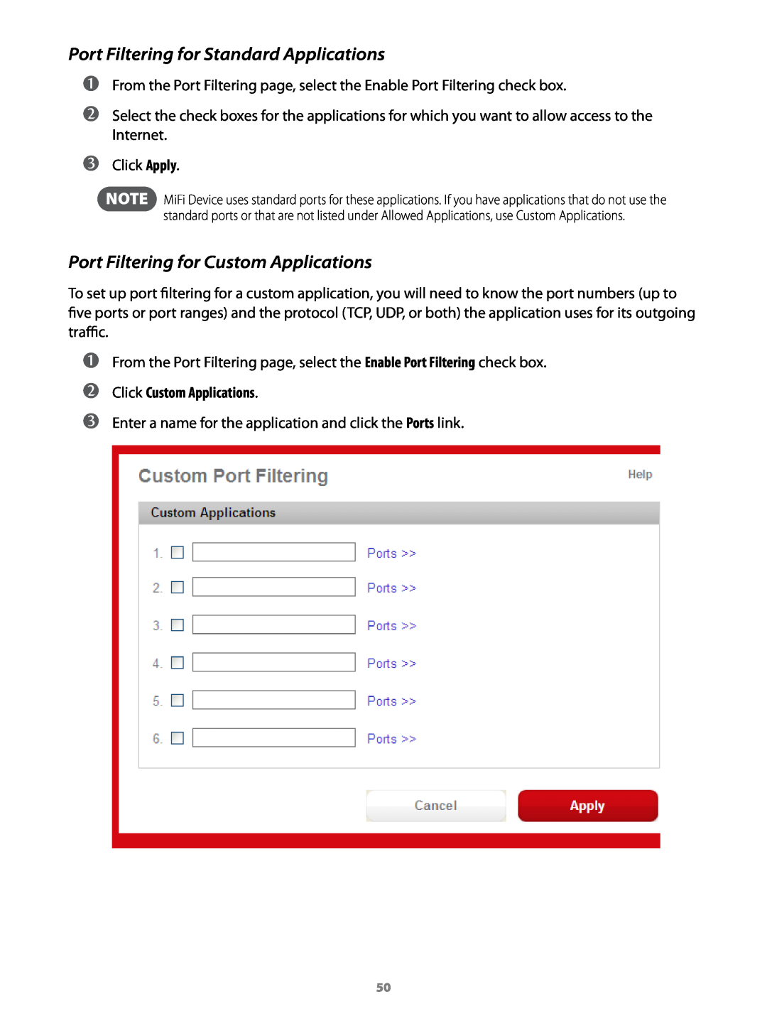 Virgin Mobile 2200 manual Port Filtering for Standard Applications, Port Filtering for Custom Applications, ➊➊ ➋➋ ➌➌ 