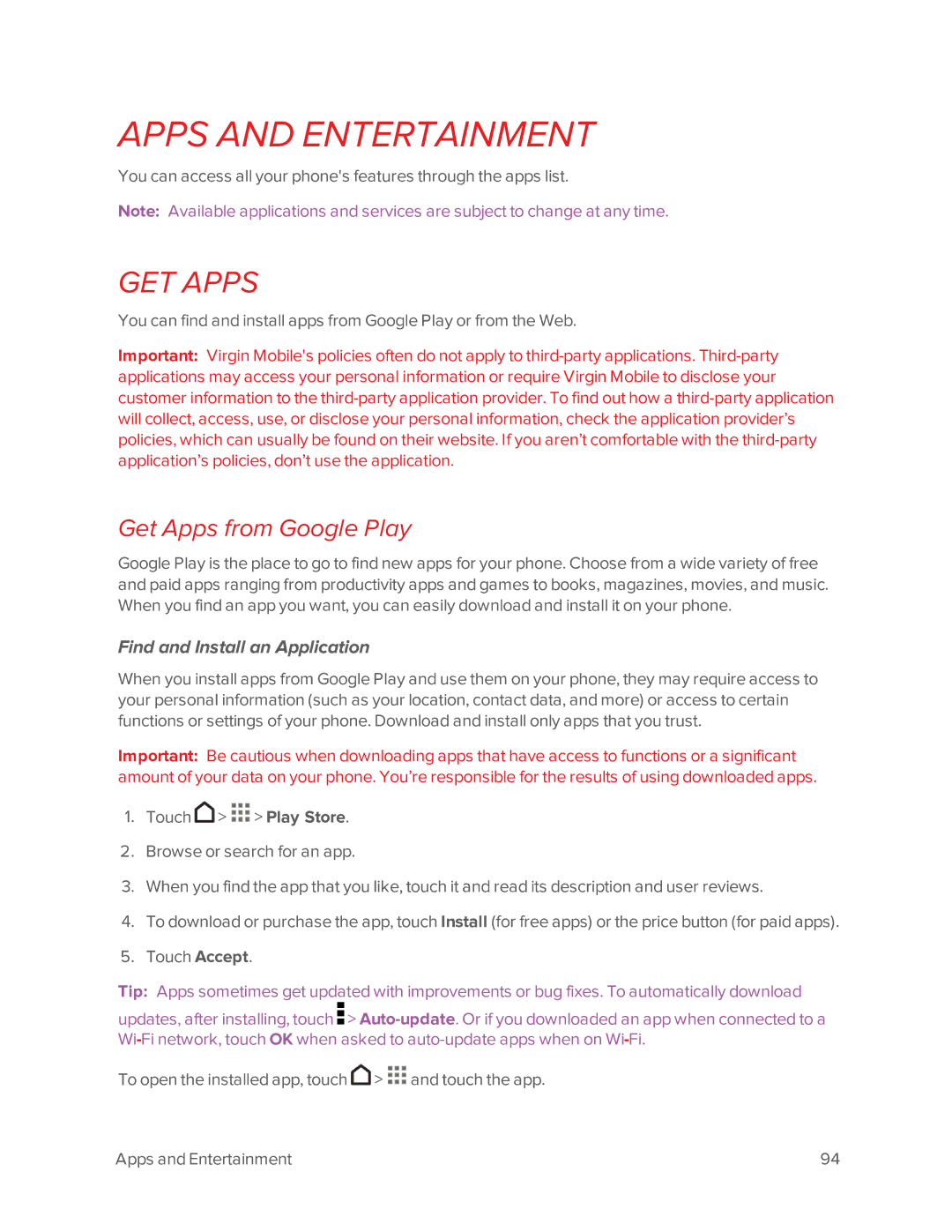 Virgin Mobile 601 manual GET Apps, Get Apps from Google Play, Find and Install an Application 