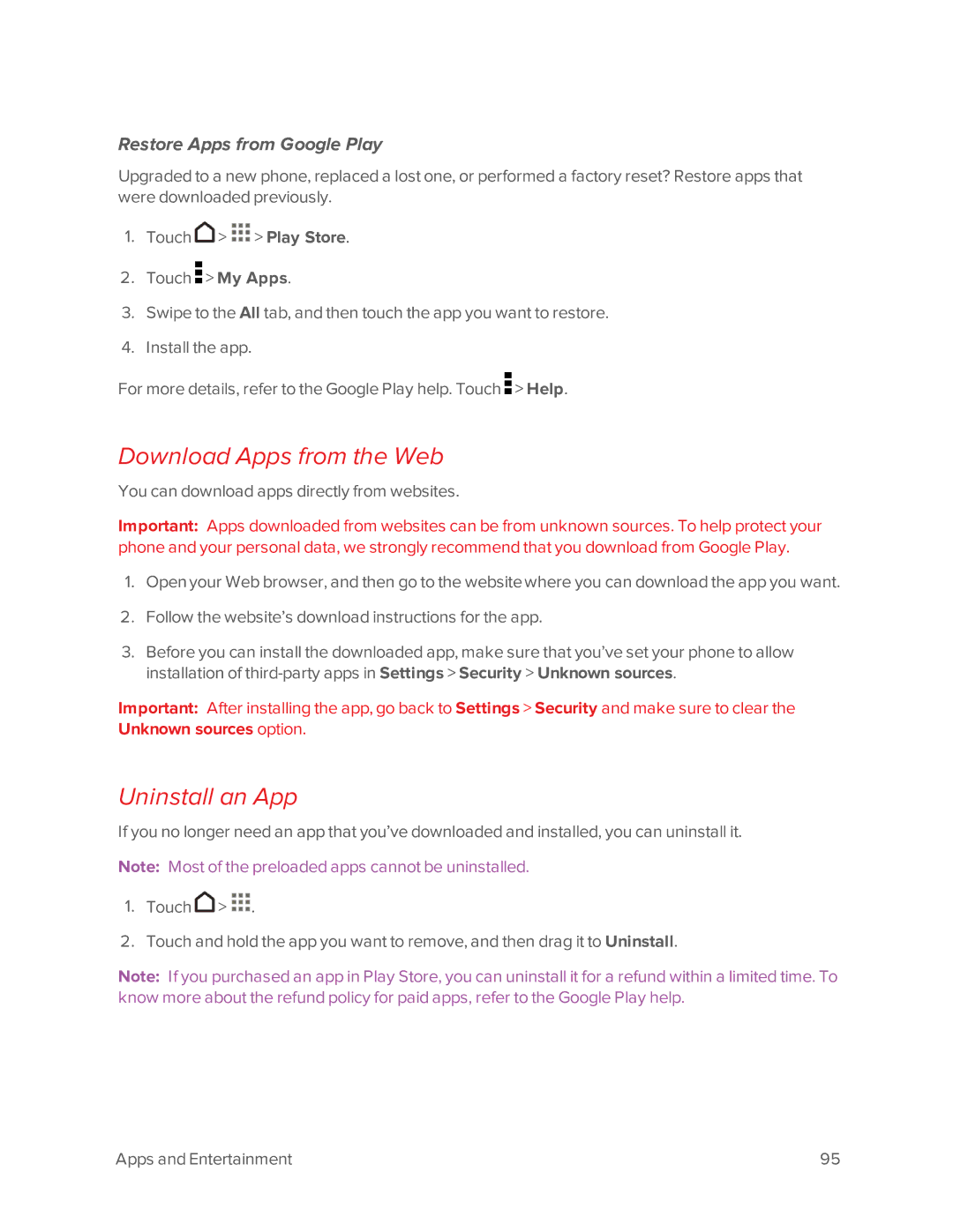 Virgin Mobile 601 manual Download Apps from the Web, Uninstall an App, Restore Apps from Google Play 