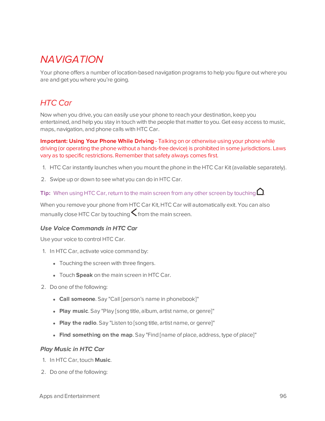 Virgin Mobile 601 manual Navigation, Use Voice Commands in HTC Car, Play Music in HTC Car 