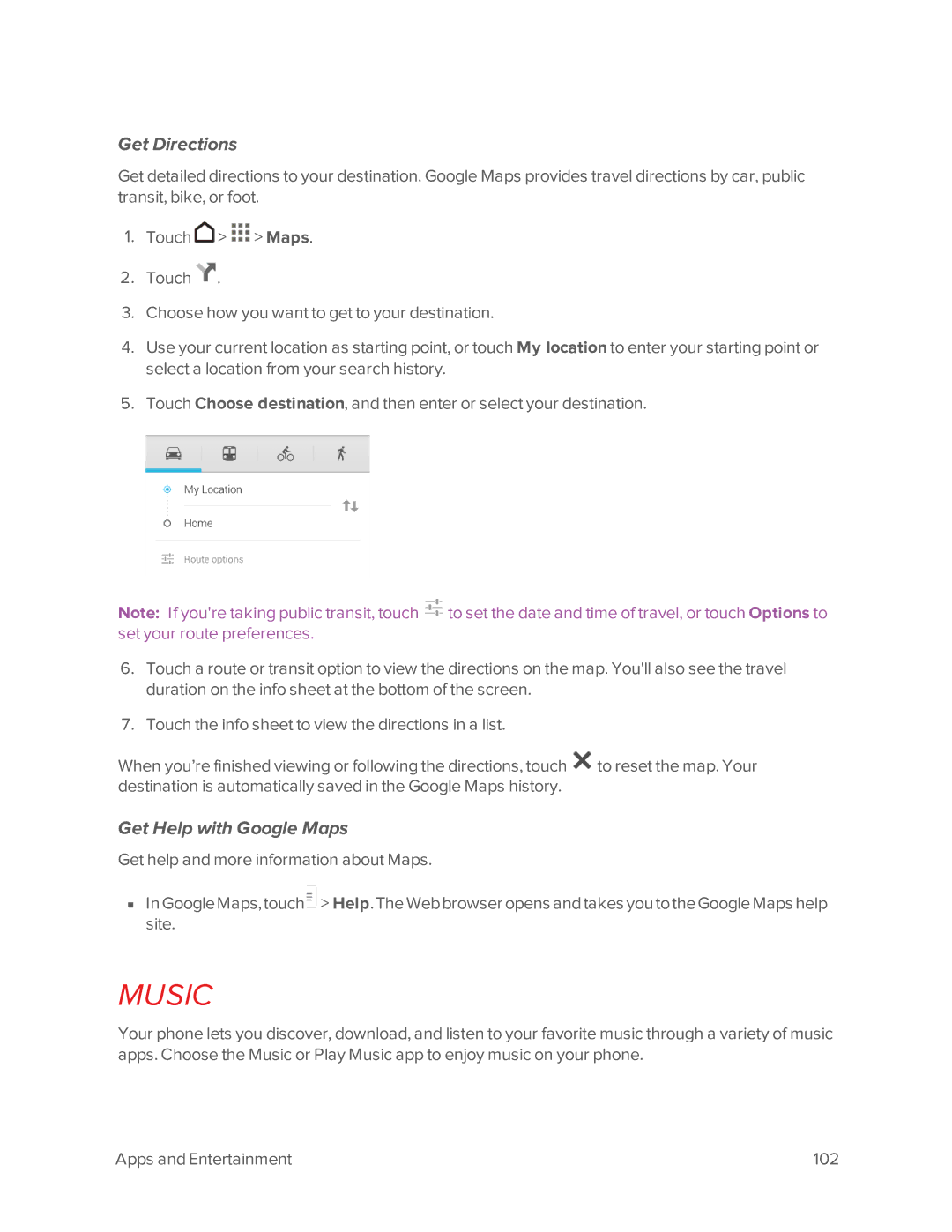 Virgin Mobile 601 manual Music, Get Directions, Get Help with Google Maps 