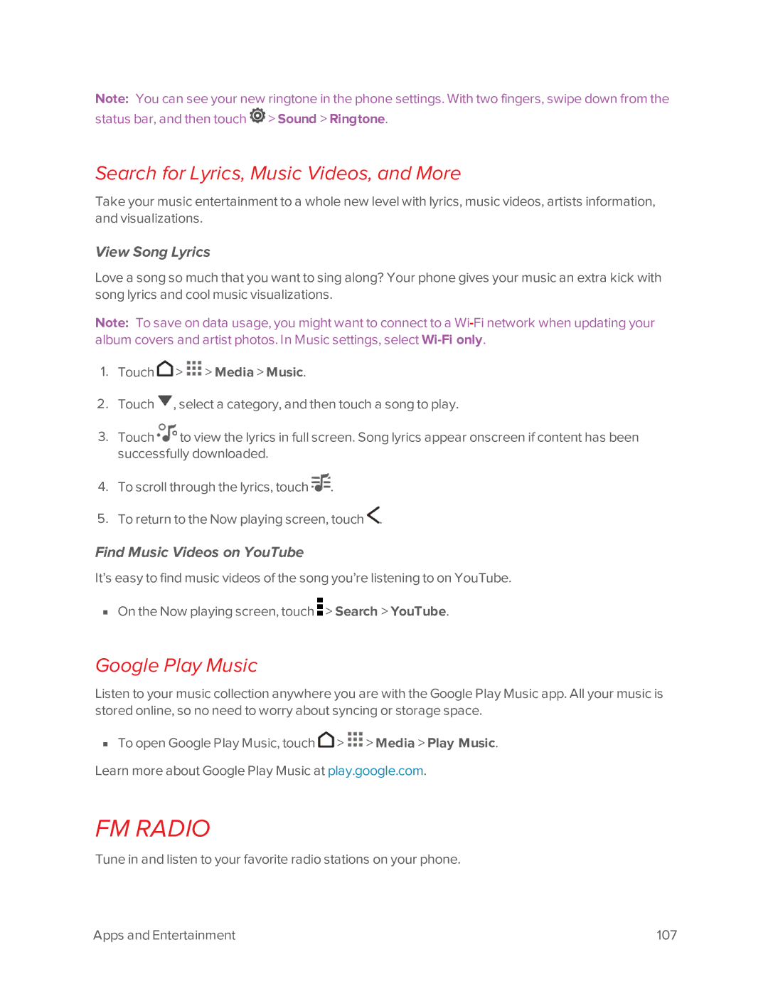 Virgin Mobile 601 manual FM Radio, Search for Lyrics, Music Videos, and More, Google Play Music, View Song Lyrics 