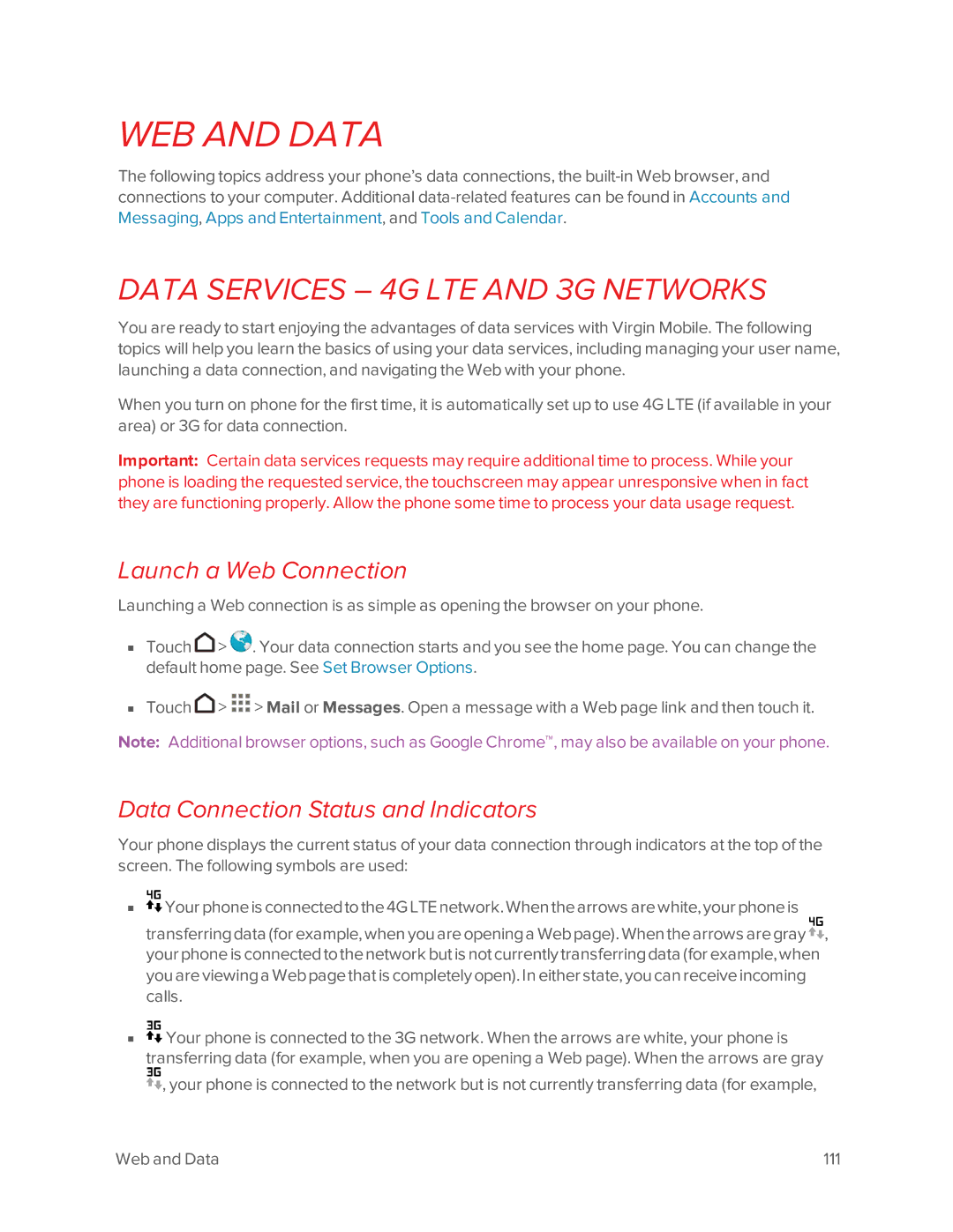 Virgin Mobile 601 Data Services 4G LTE and 3G Networks, Launch a Web Connection, Data Connection Status and Indicators 