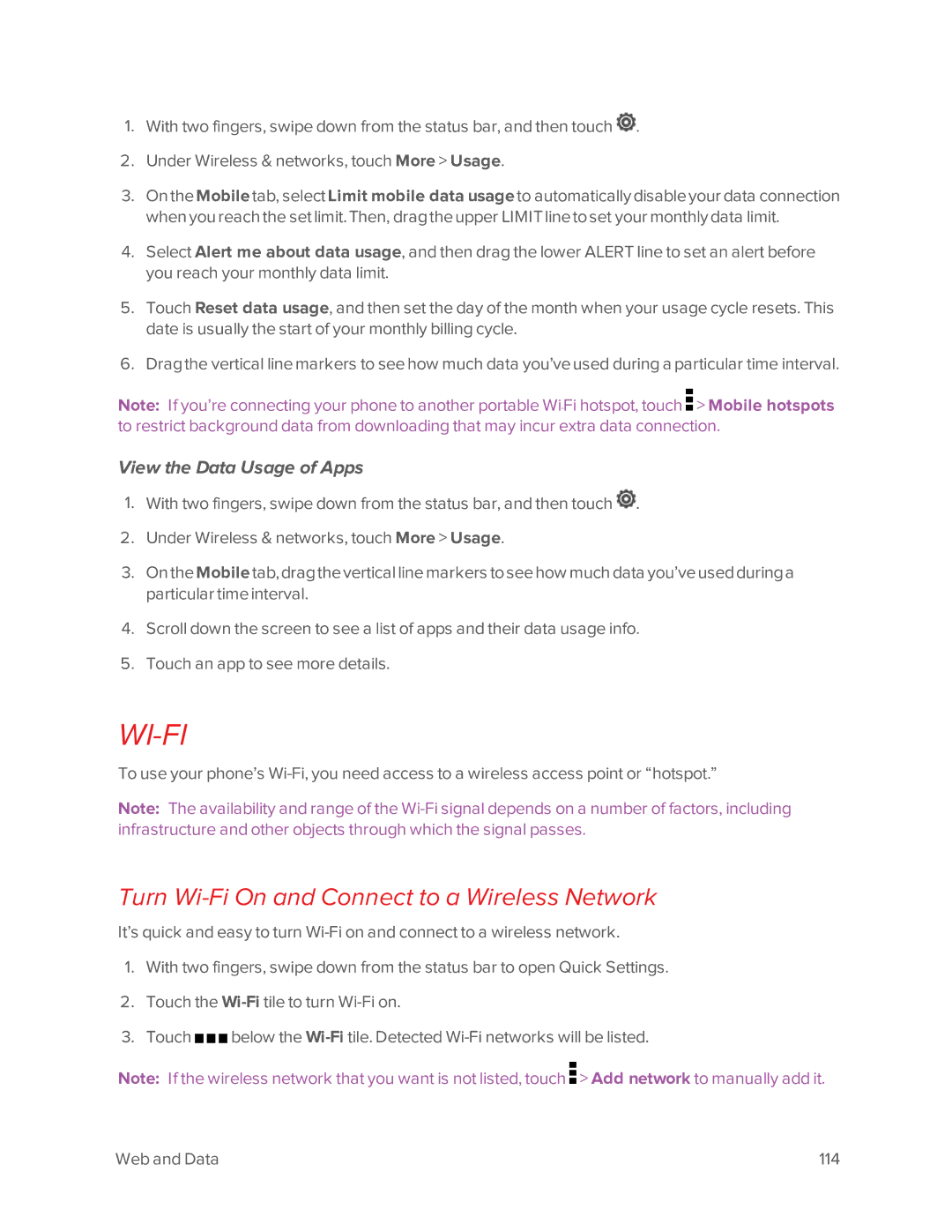 Virgin Mobile 601 manual Turn Wi-Fi On and Connect to a Wireless Network, View the Data Usage of Apps 