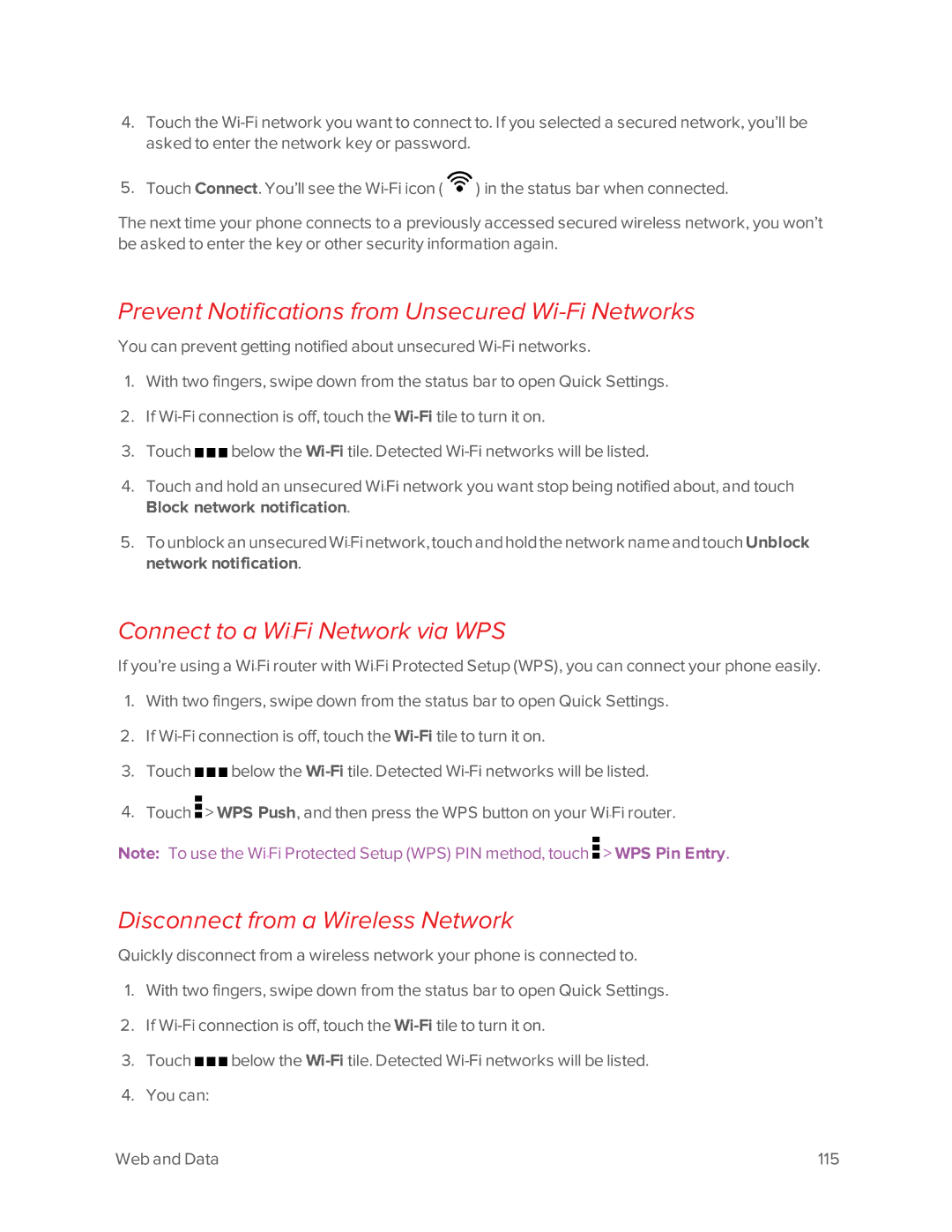 Virgin Mobile 601 manual Prevent Notifications from Unsecured Wi-Fi Networks, Connect to a Wi-Fi Network via WPS 