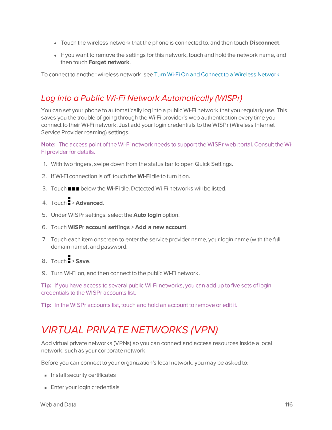 Virgin Mobile 601 manual Virtual Private Networks VPN, Log Into a Public Wi-Fi Network Automatically WISPr 