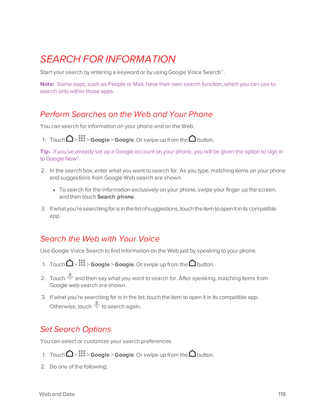 Virgin Mobile 601 manual Search for Information, Perform Searches on the Web and Your Phone, Search the Web with Your Voice 