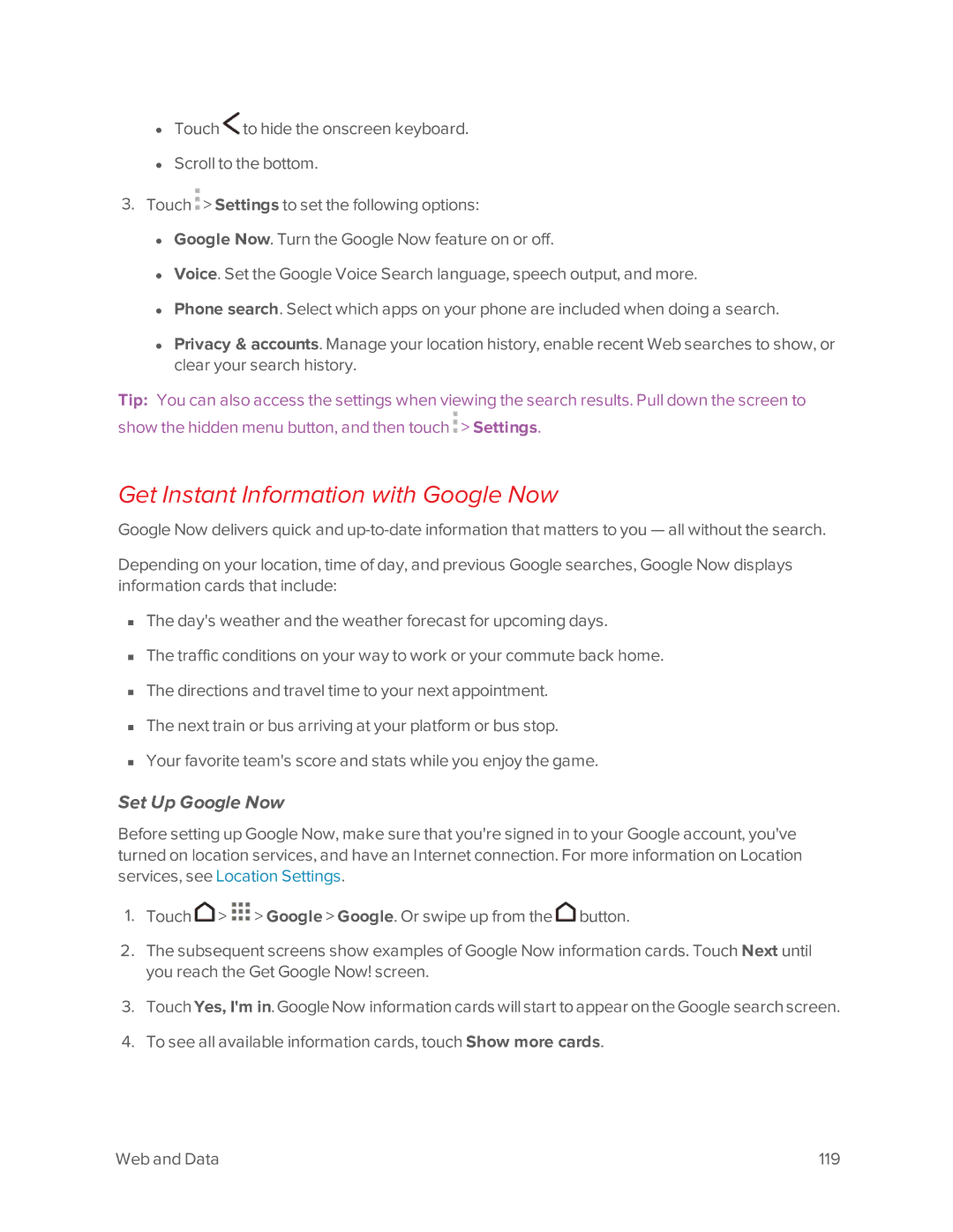 Virgin Mobile 601 manual Get Instant Information with Google Now, Set Up Google Now 