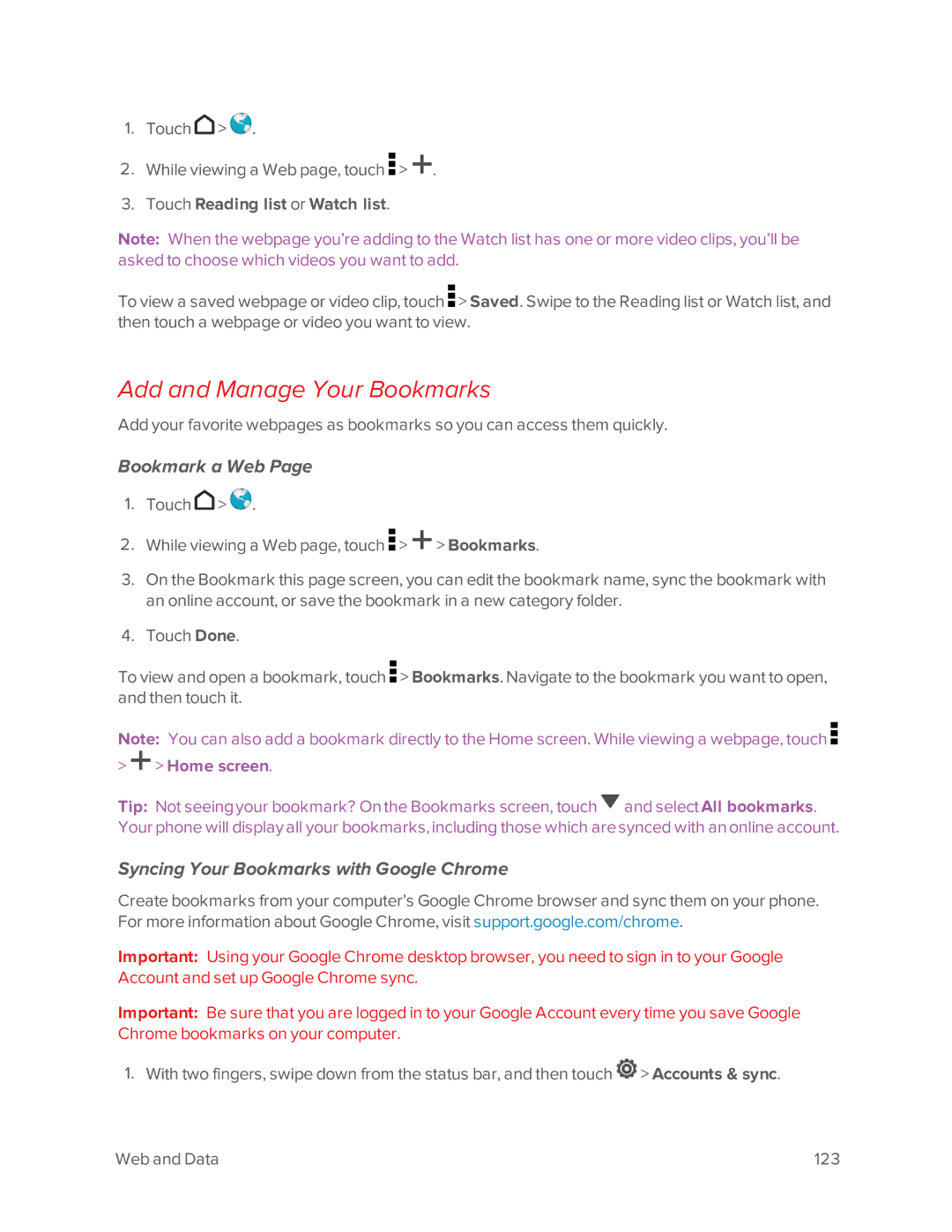 Virgin Mobile 601 manual Add and Manage Your Bookmarks, Bookmark a Web, Syncing Your Bookmarks with Google Chrome 
