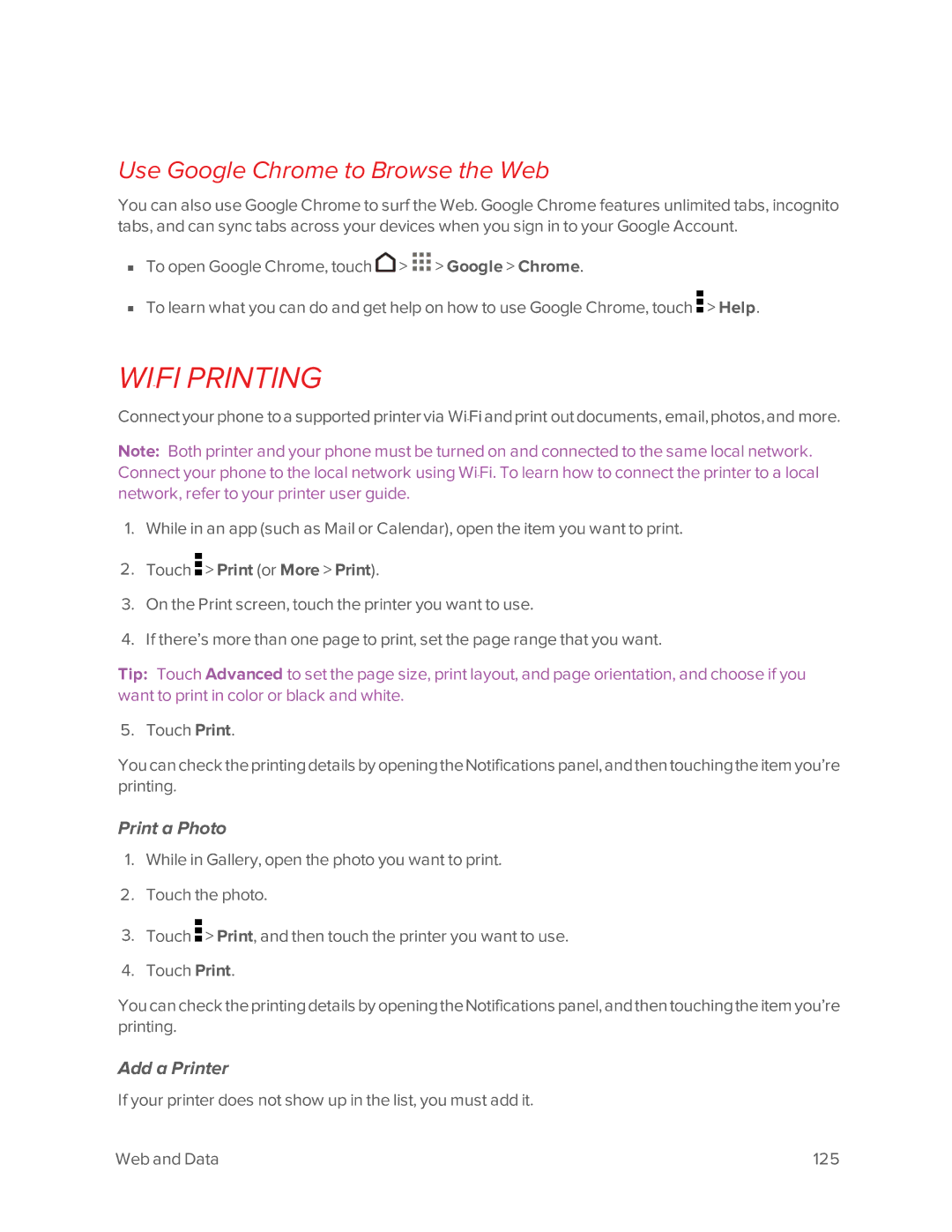 Virgin Mobile 601 manual WI-FI Printing, Use Google Chrome to Browse the Web, Print a Photo, Add a Printer 