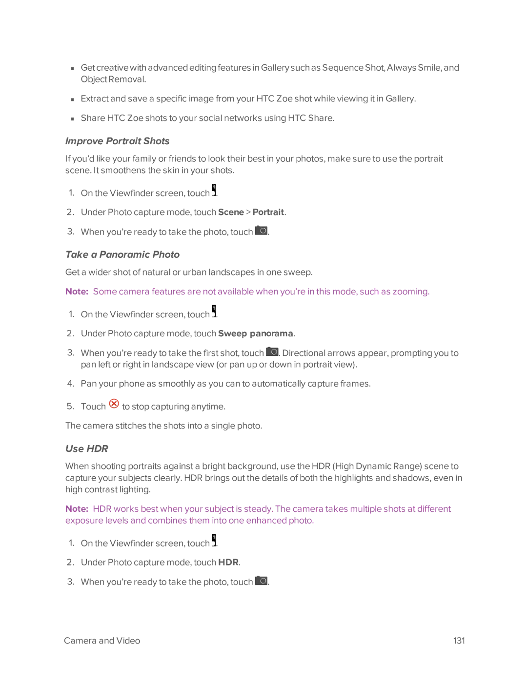 Virgin Mobile 601 manual Improve Portrait Shots, Take a Panoramic Photo, Use HDR 