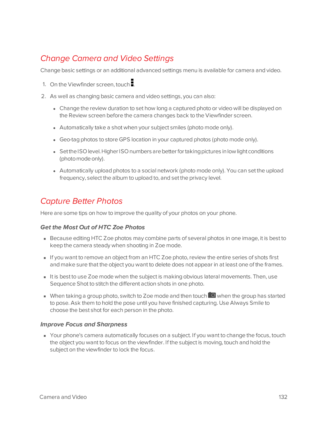Virgin Mobile 601 manual Change Camera and Video Settings, Capture Better Photos, Get the Most Out of HTC Zoe Photos 