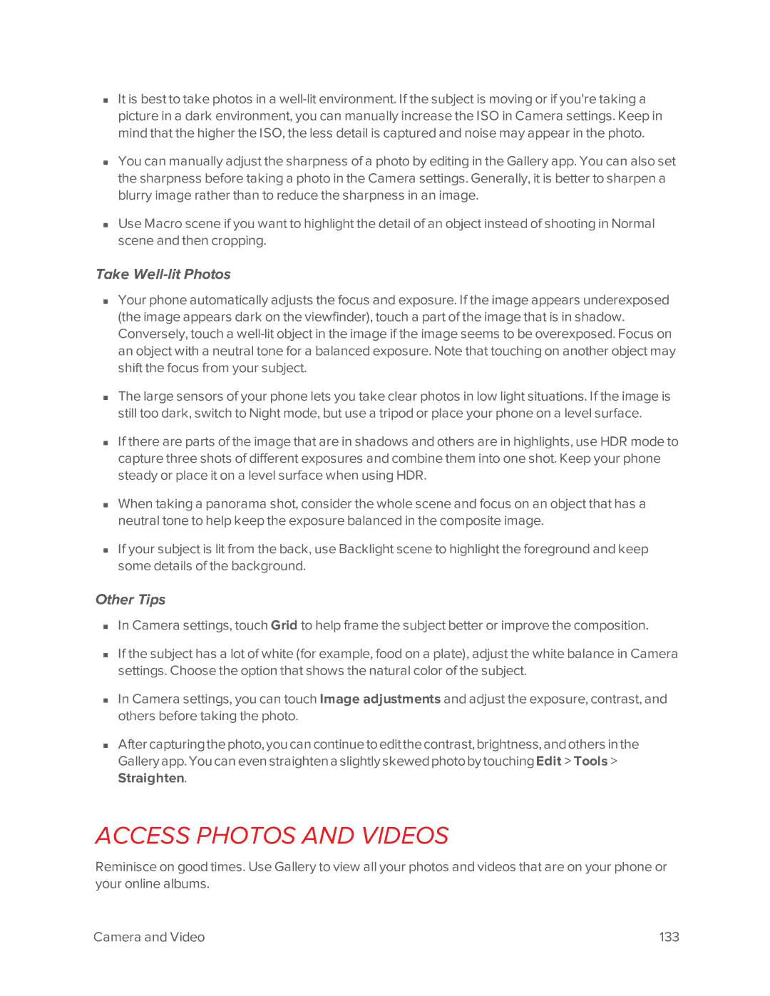 Virgin Mobile 601 manual Access Photos and Videos, Take Well-lit Photos, Other Tips 