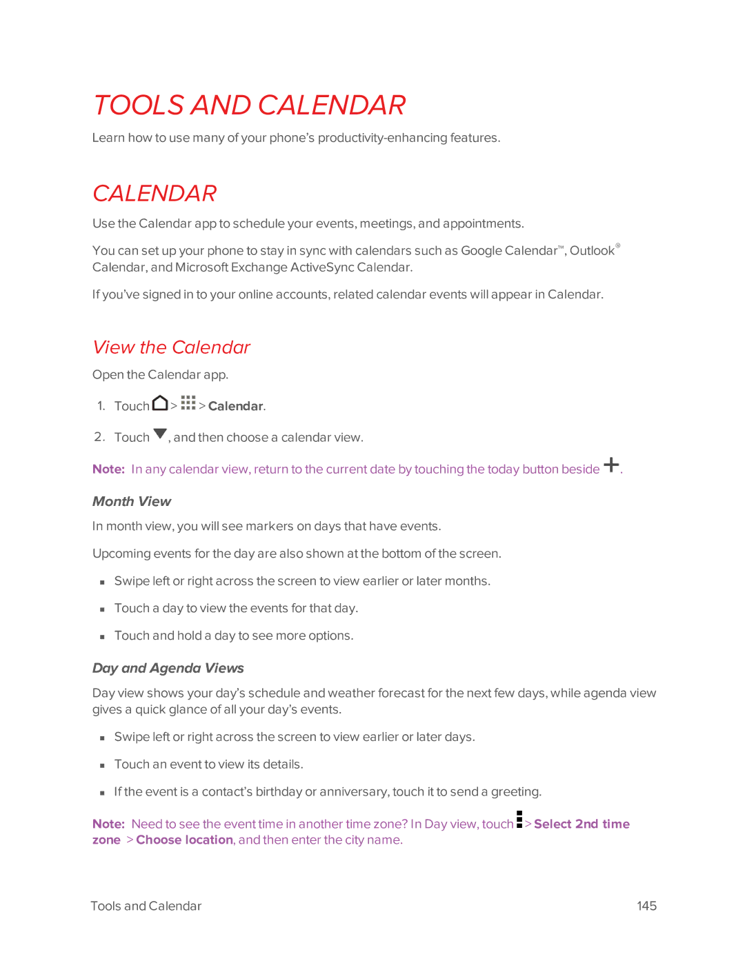 Virgin Mobile 601 manual View the Calendar, Month View, Day and Agenda Views 