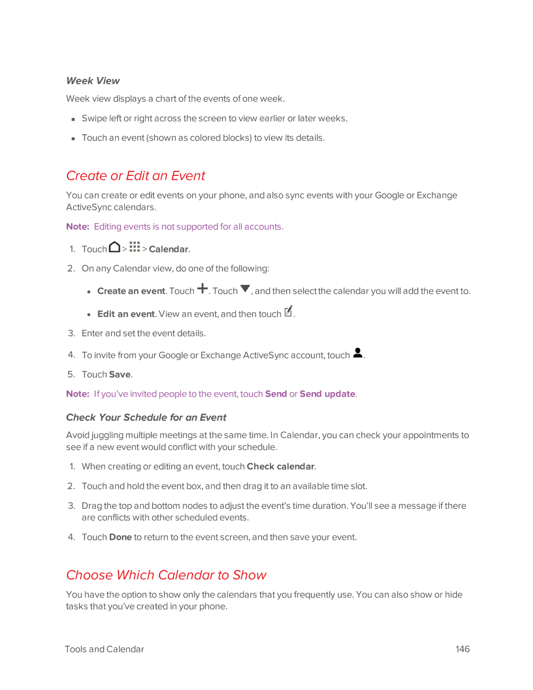 Virgin Mobile 601 Create or Edit an Event, Choose Which Calendar to Show, Week View, Check Your Schedule for an Event 