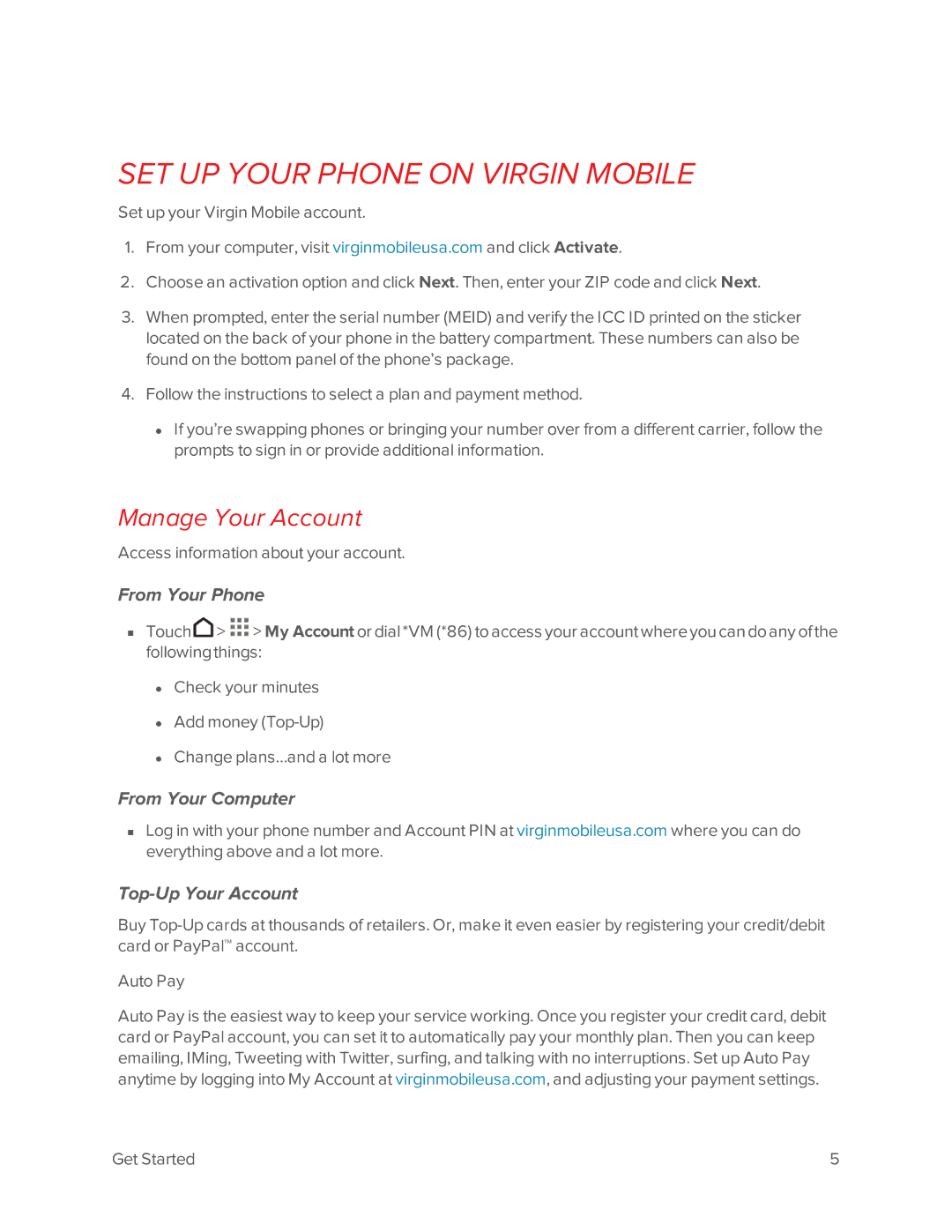 Virgin Mobile 601 manual SET UP Your Phone on Virgin Mobile, Manage Your Account, From Your Phone 