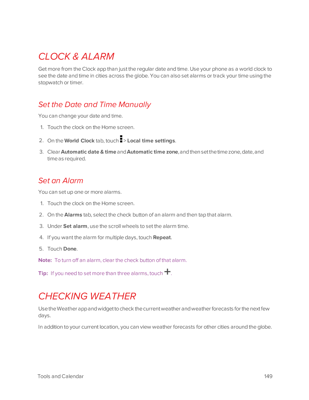 Virgin Mobile 601 manual Clock & Alarm, Checking Weather, Set the Date and Time Manually, Set an Alarm 