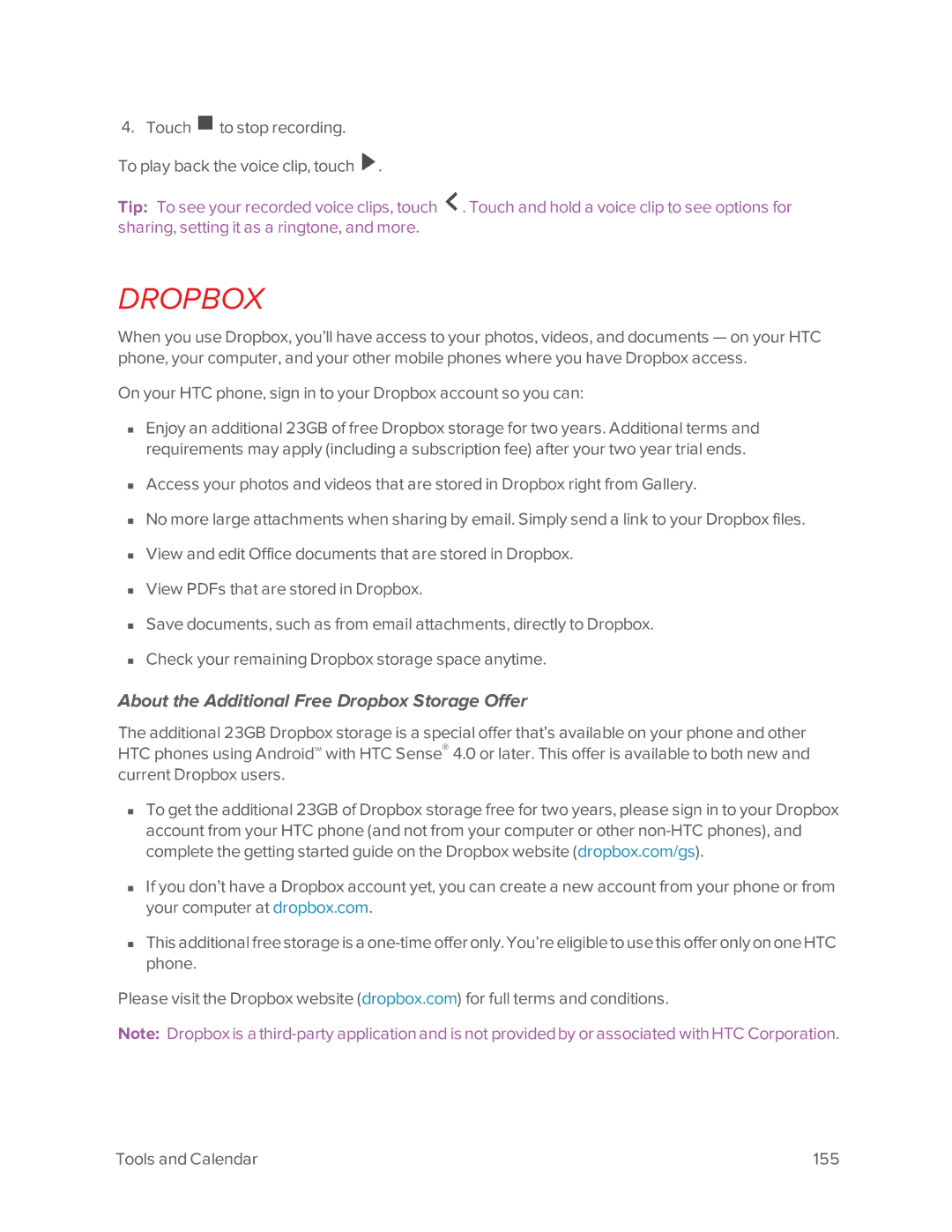 Virgin Mobile 601 manual About the Additional Free Dropbox Storage Offer 