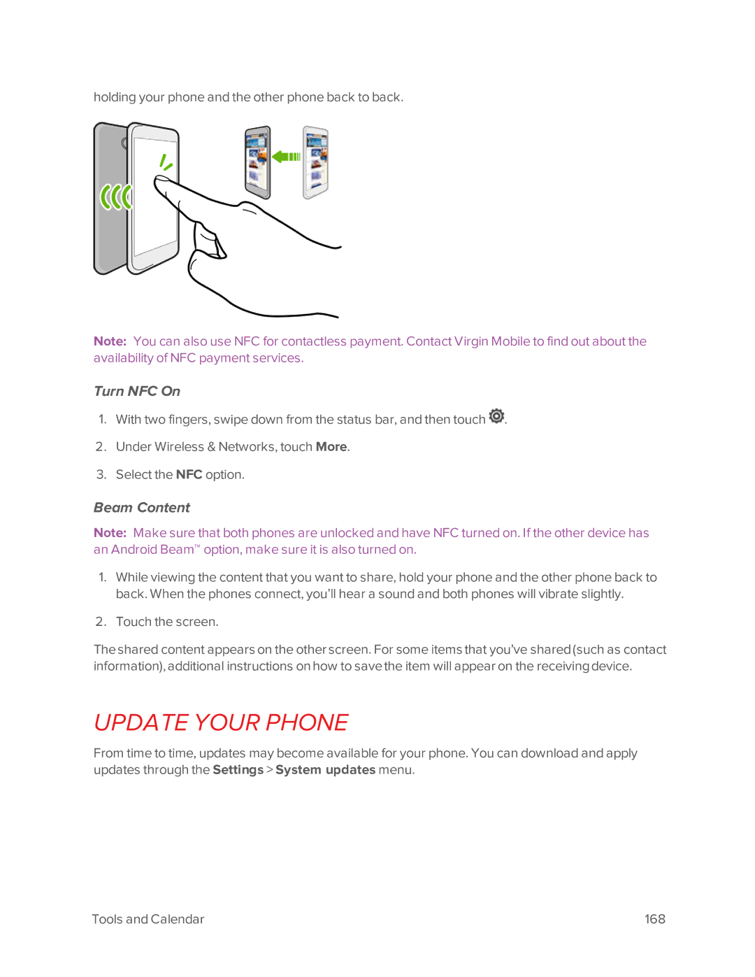 Virgin Mobile 601 manual Update Your Phone, Turn NFC On, Beam Content 