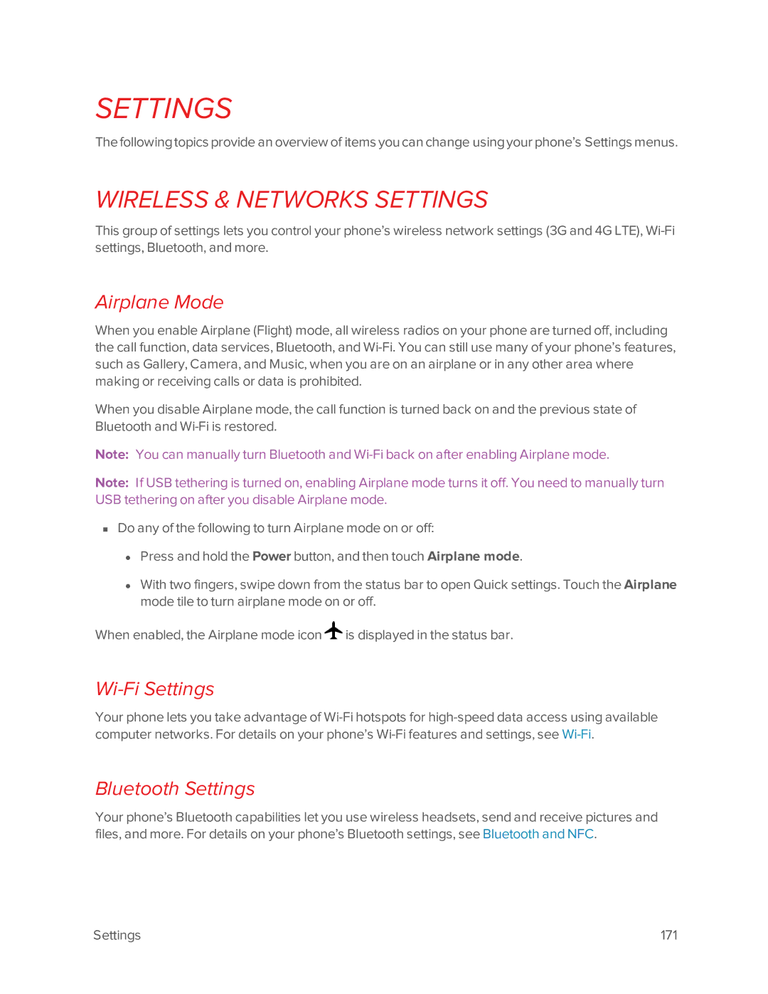 Virgin Mobile 601 manual Wireless & Networks Settings, Airplane Mode, Wi-Fi Settings, Bluetooth Settings 