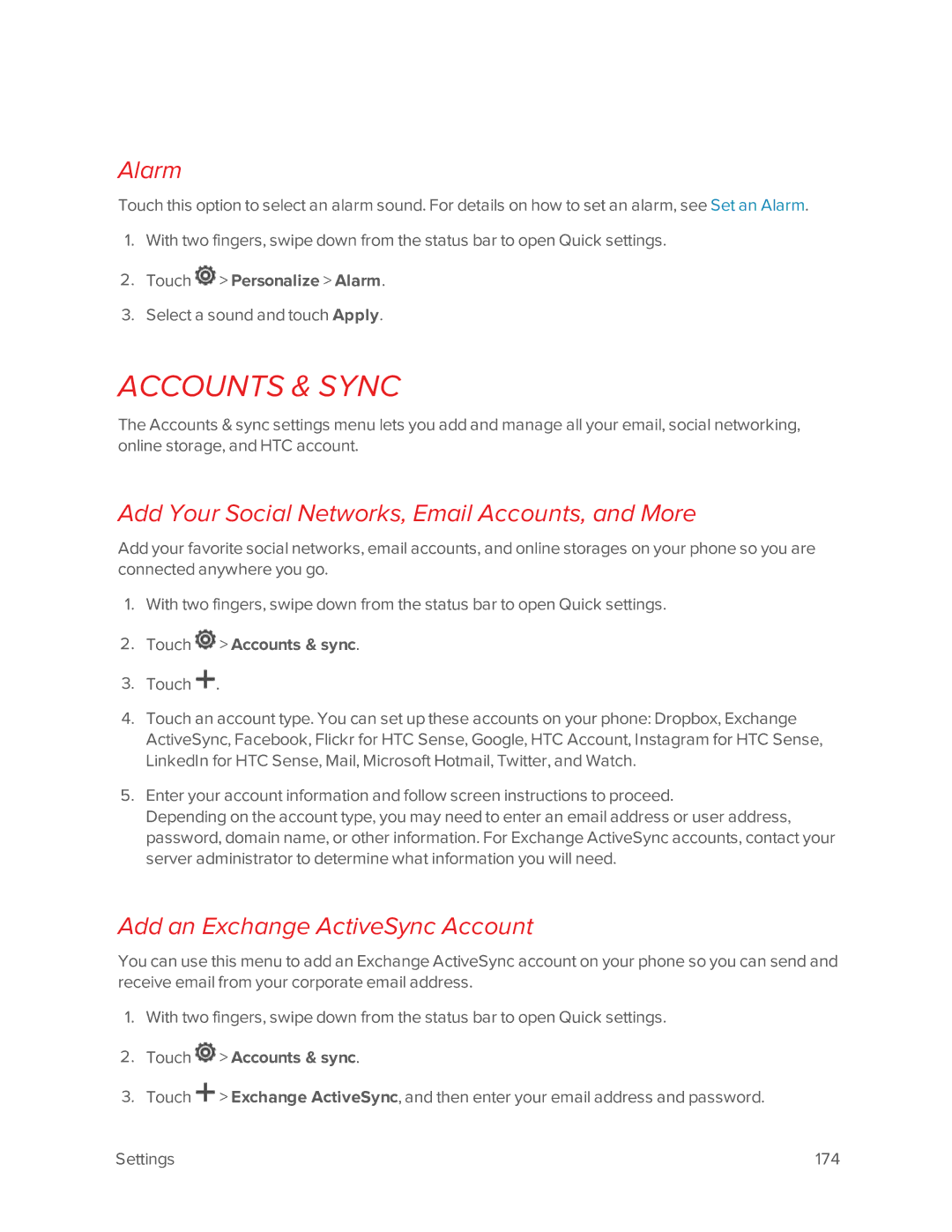 Virgin Mobile 601 manual Accounts & Sync, Alarm, Add Your Social Networks, Email Accounts, and More 