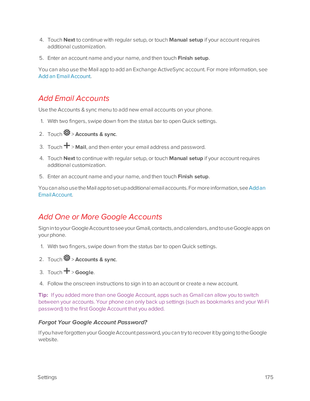 Virgin Mobile 601 manual Add Email Accounts, Add One or More Google Accounts, Forgot Your Google Account Password? 