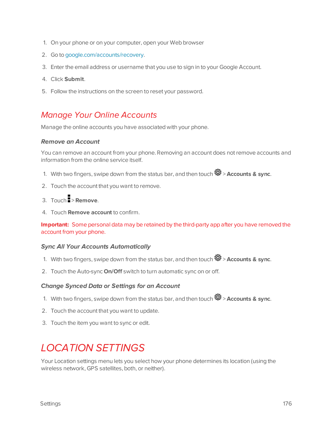 Virgin Mobile 601 Location Settings, Manage Your Online Accounts, Remove an Account, Sync All Your Accounts Automatically 